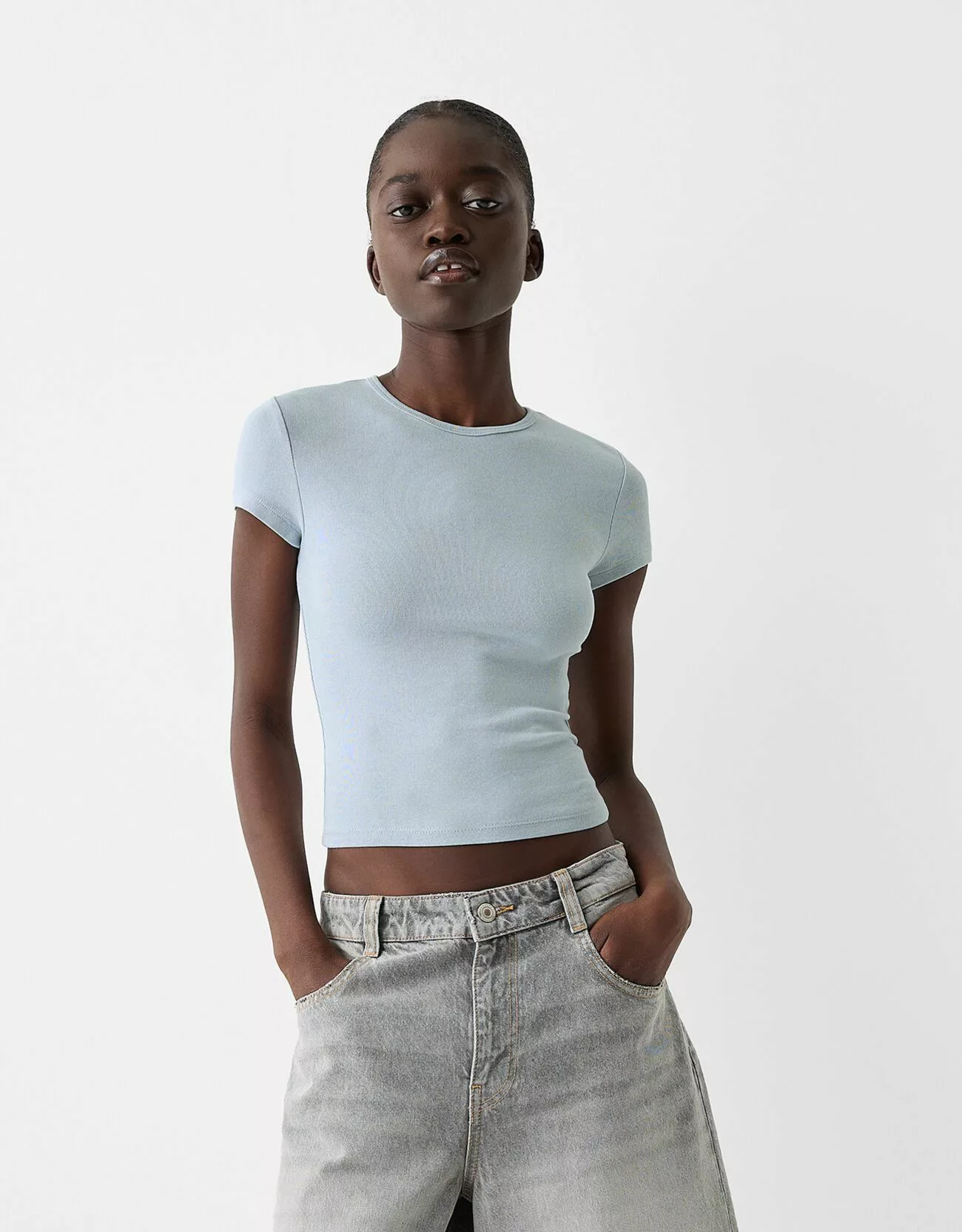 Bershka T-Shirt Rundausschnitt Damen L Hellblau günstig online kaufen