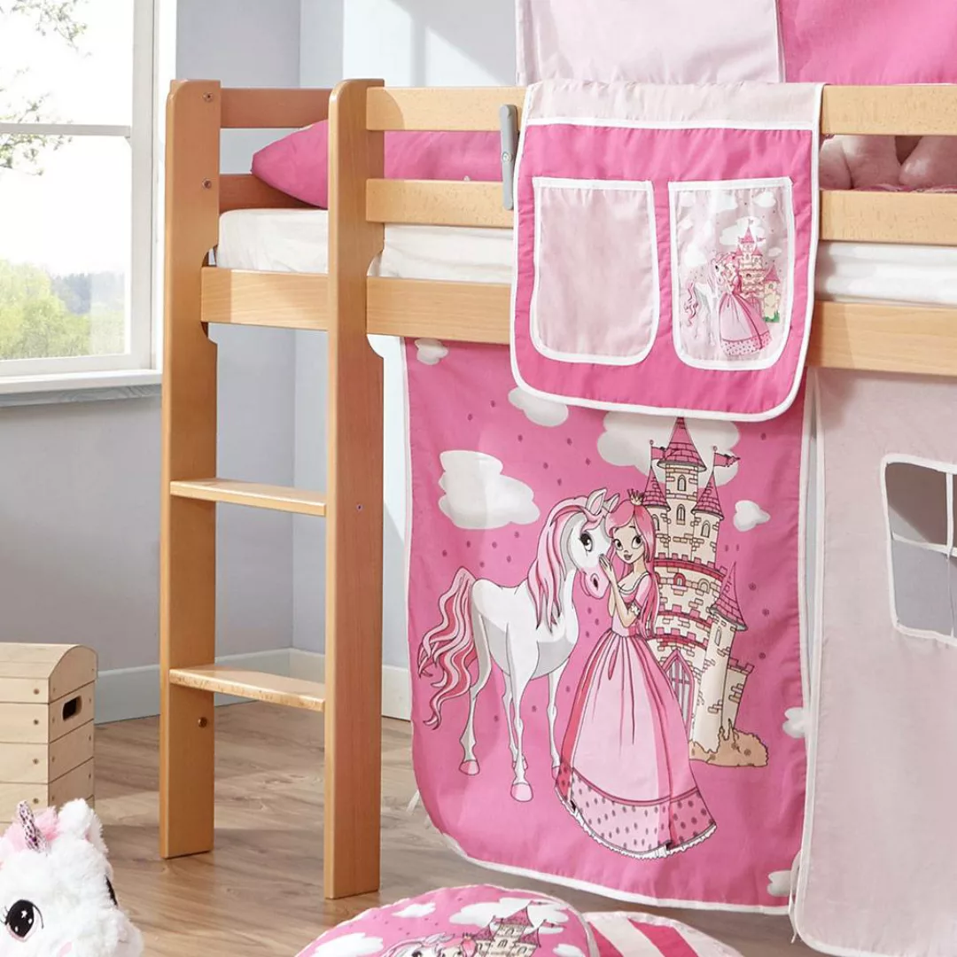 Prinzessinnen Bett aus Buche Massivholz Webstoff in Rosa und Pink günstig online kaufen