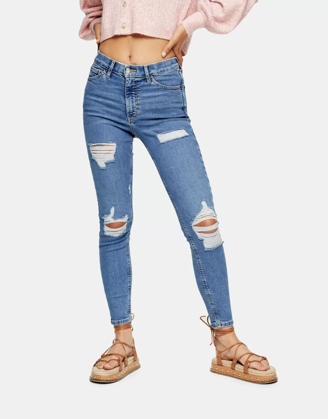 Topshop – Jamie – Jeans in Mittelblau mit großen Rissen günstig online kaufen