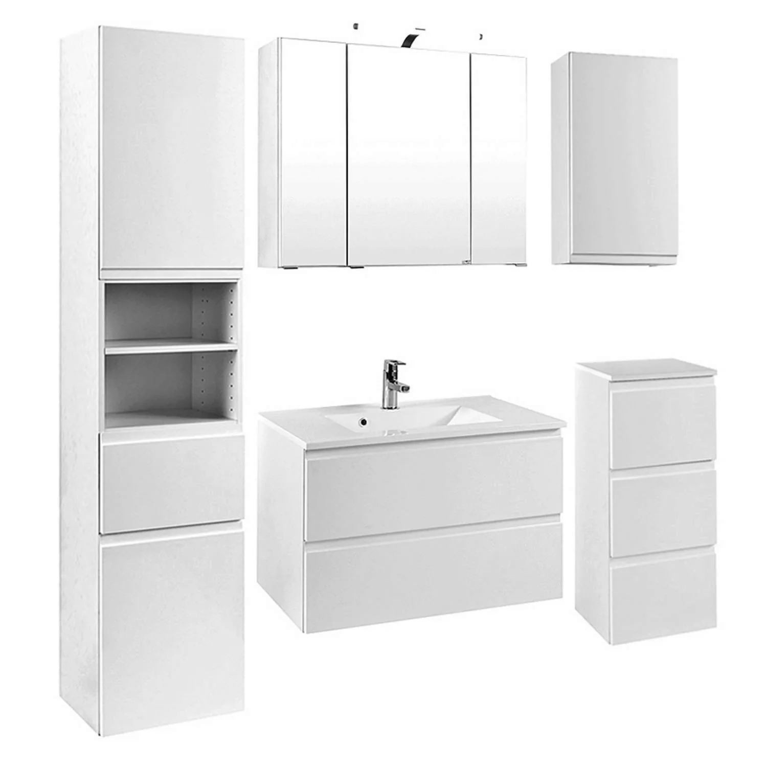 Badmöbel Set COMO-03, 5-teilig Hochglanz weiß, 80cm Waschtisch günstig online kaufen
