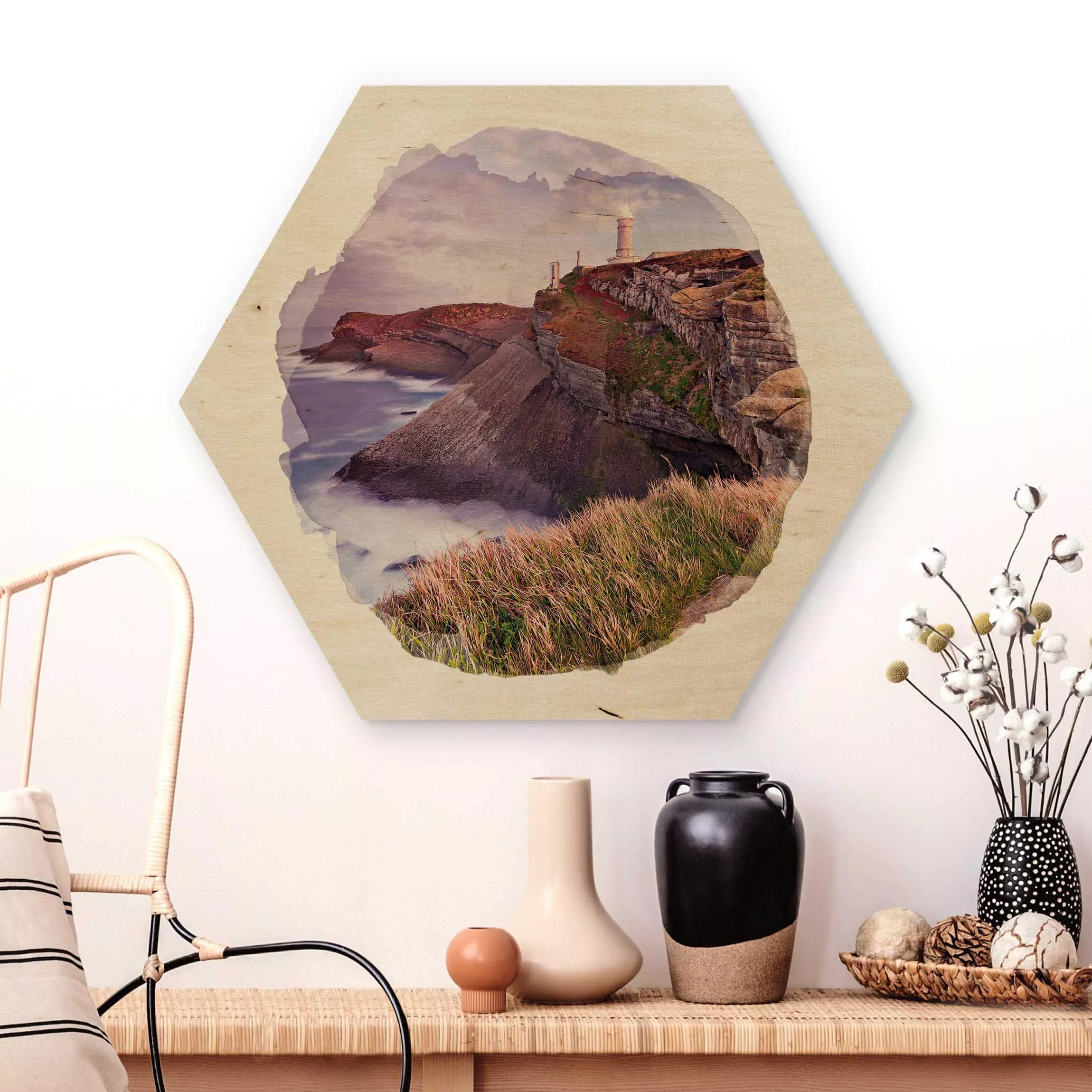 Hexagon-Holzbild Natur & Landschaft Wasserfarben - Steilküste und Leuchttur günstig online kaufen