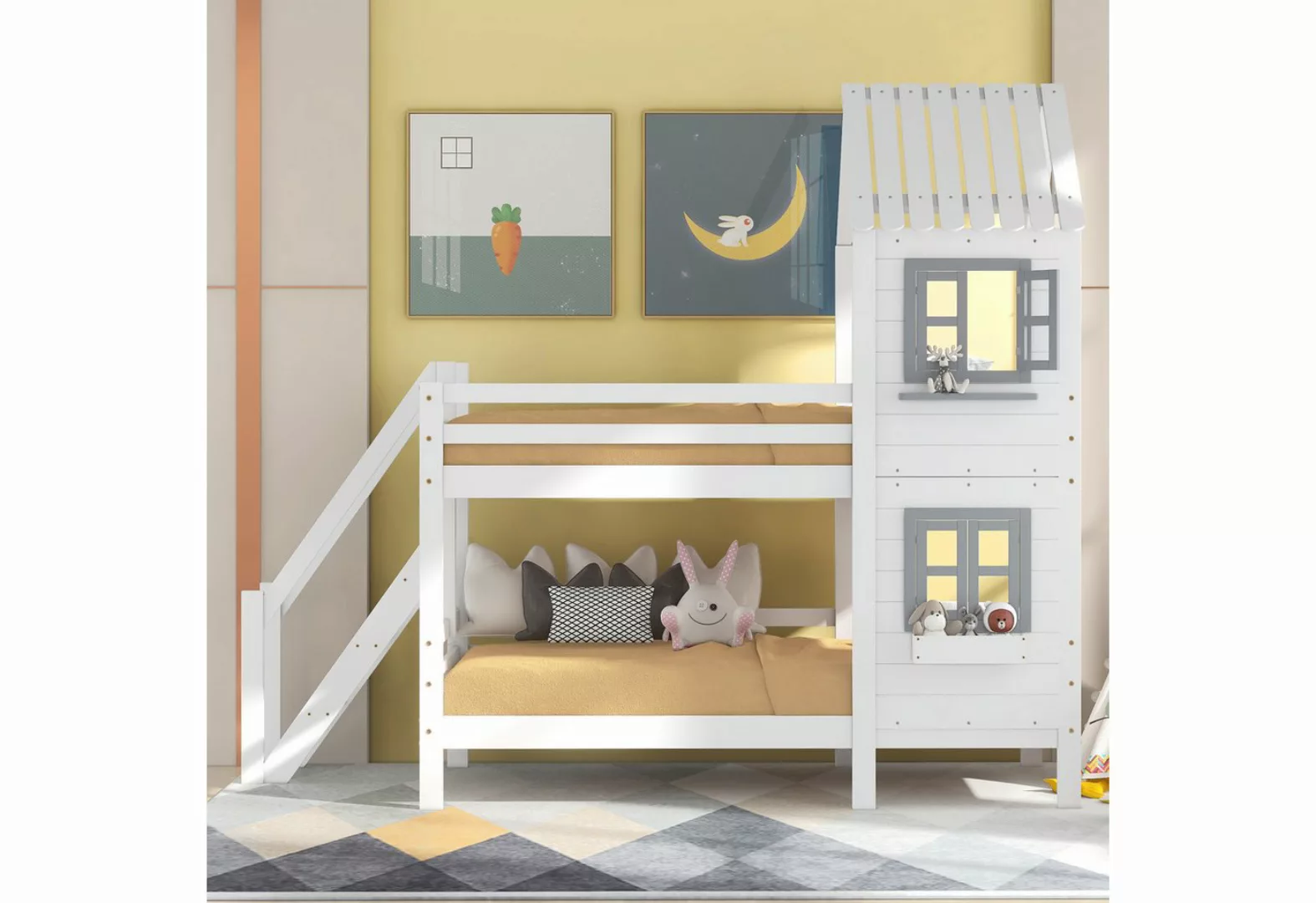 TavilaEcon Etagenbett Kinderbett Hausbett mit Handlauf und Fenster,Rahmen a günstig online kaufen