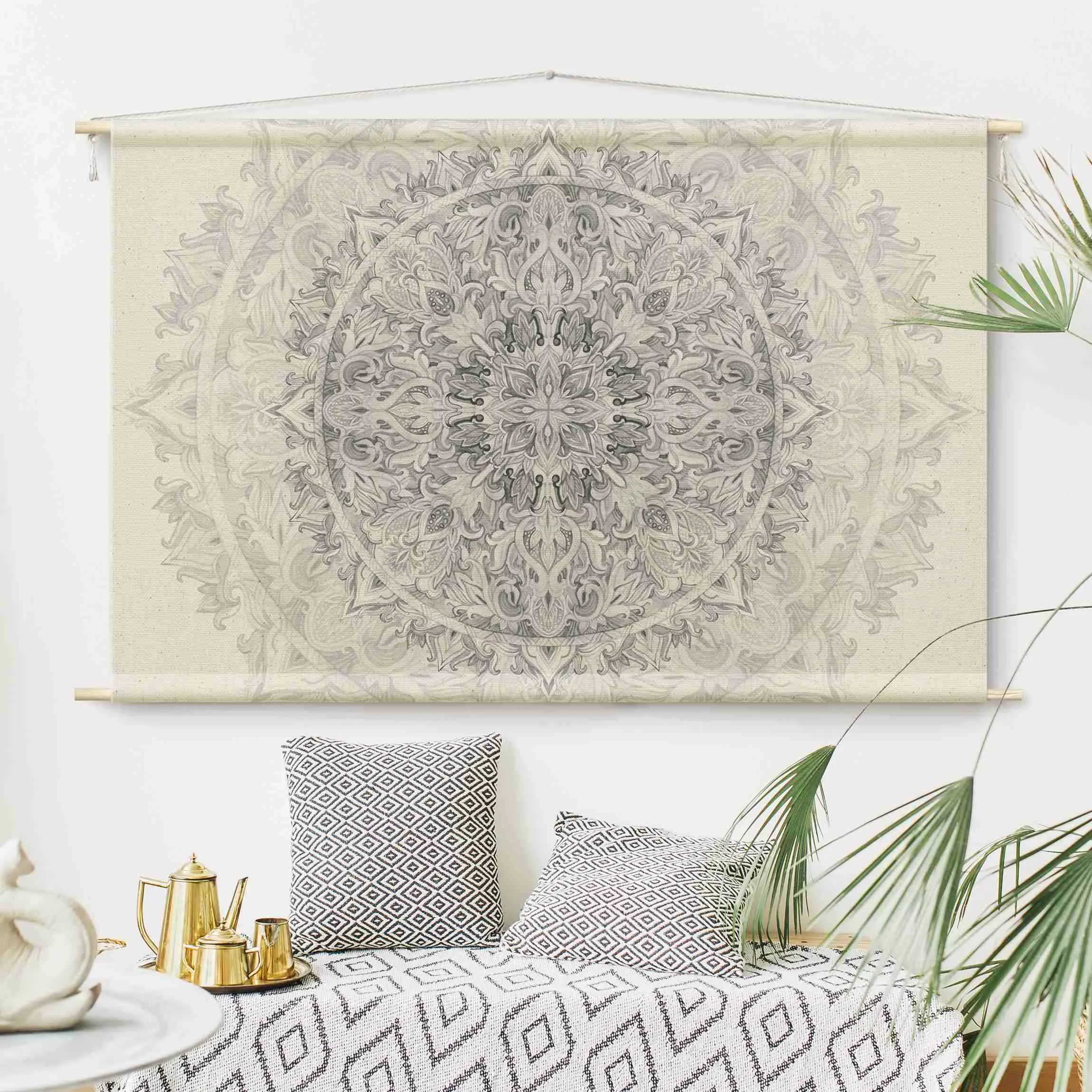 Wandteppich Mandala Aquarell Ornament Muster Schwarz-Weiß günstig online kaufen