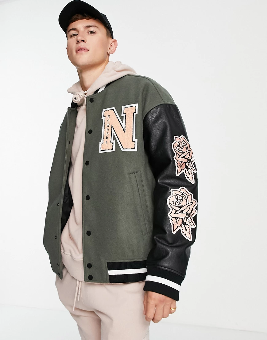 Topman – College-Jacke mit Farbblockdesign und College-Stickerei-Grün günstig online kaufen