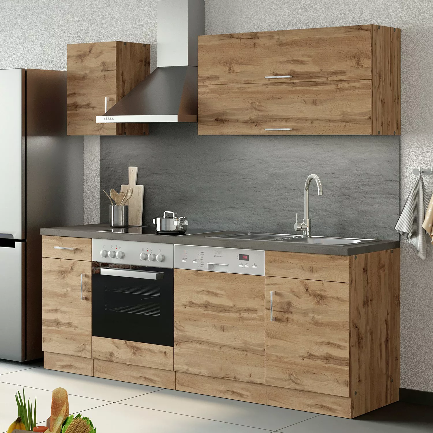 Held Möbel Küchenzeile Sorrento 210 cm Wotaneiche-Grafit ohne E-Geräte günstig online kaufen