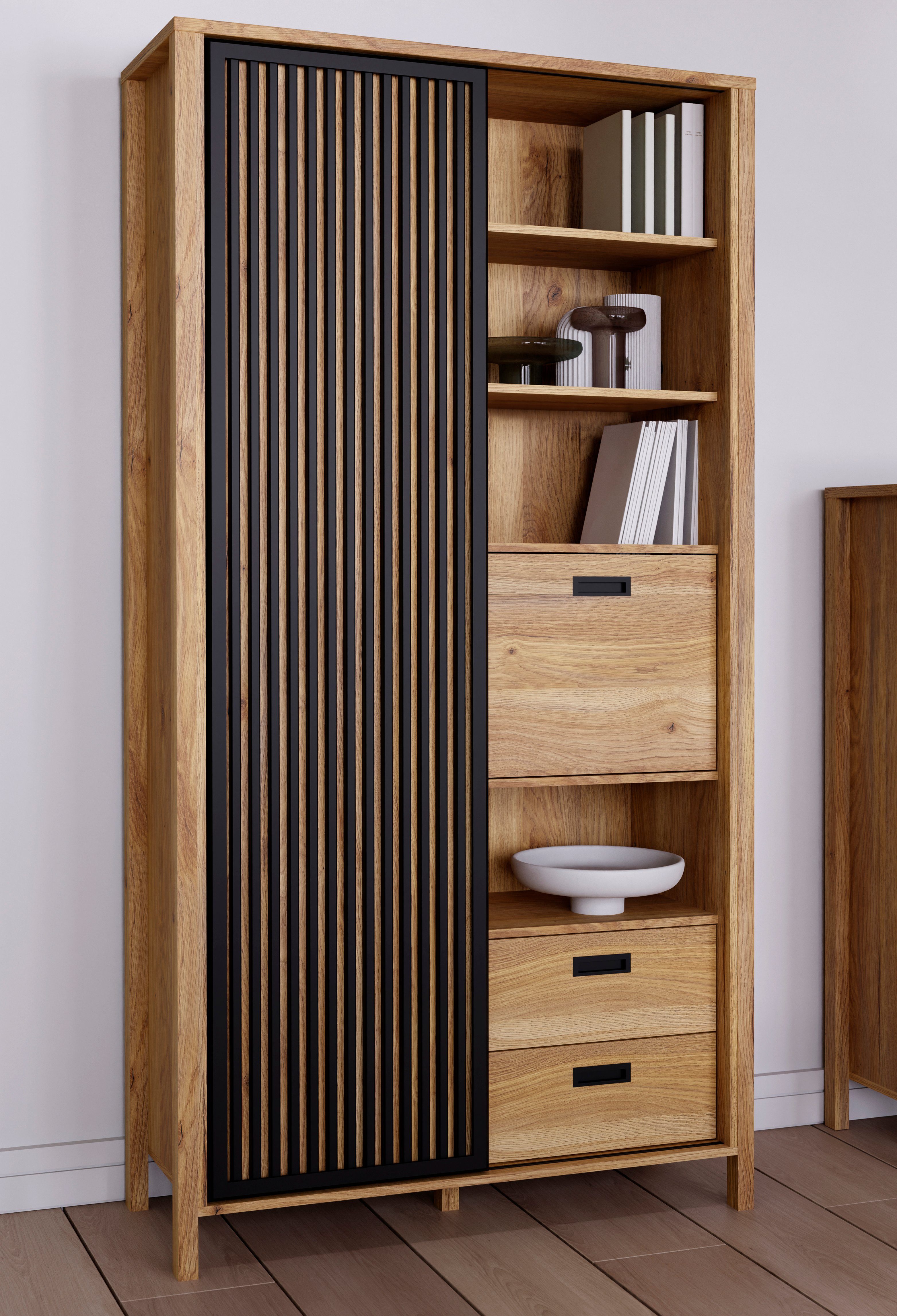 FORTE Highboard "Jytana", Höhe 200,3 cm, Schiebetüre mit Lamellenoptik, Mau günstig online kaufen