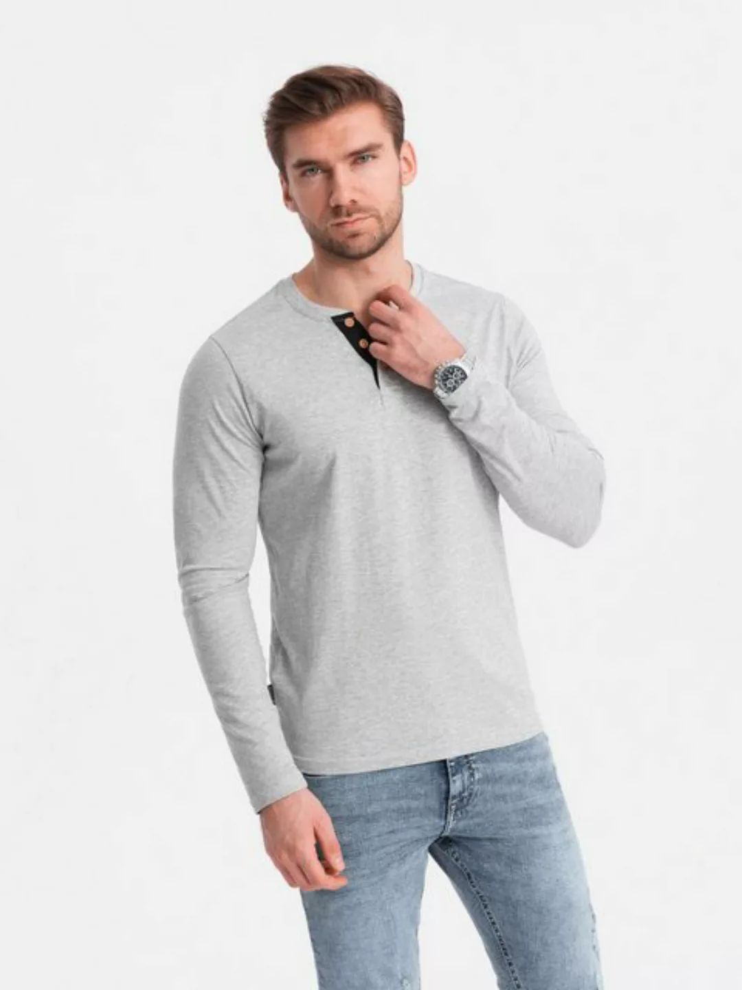 OMBRE Longsleeve Herren Longsleeve mit Knöpfen am Halsausschnitt günstig online kaufen