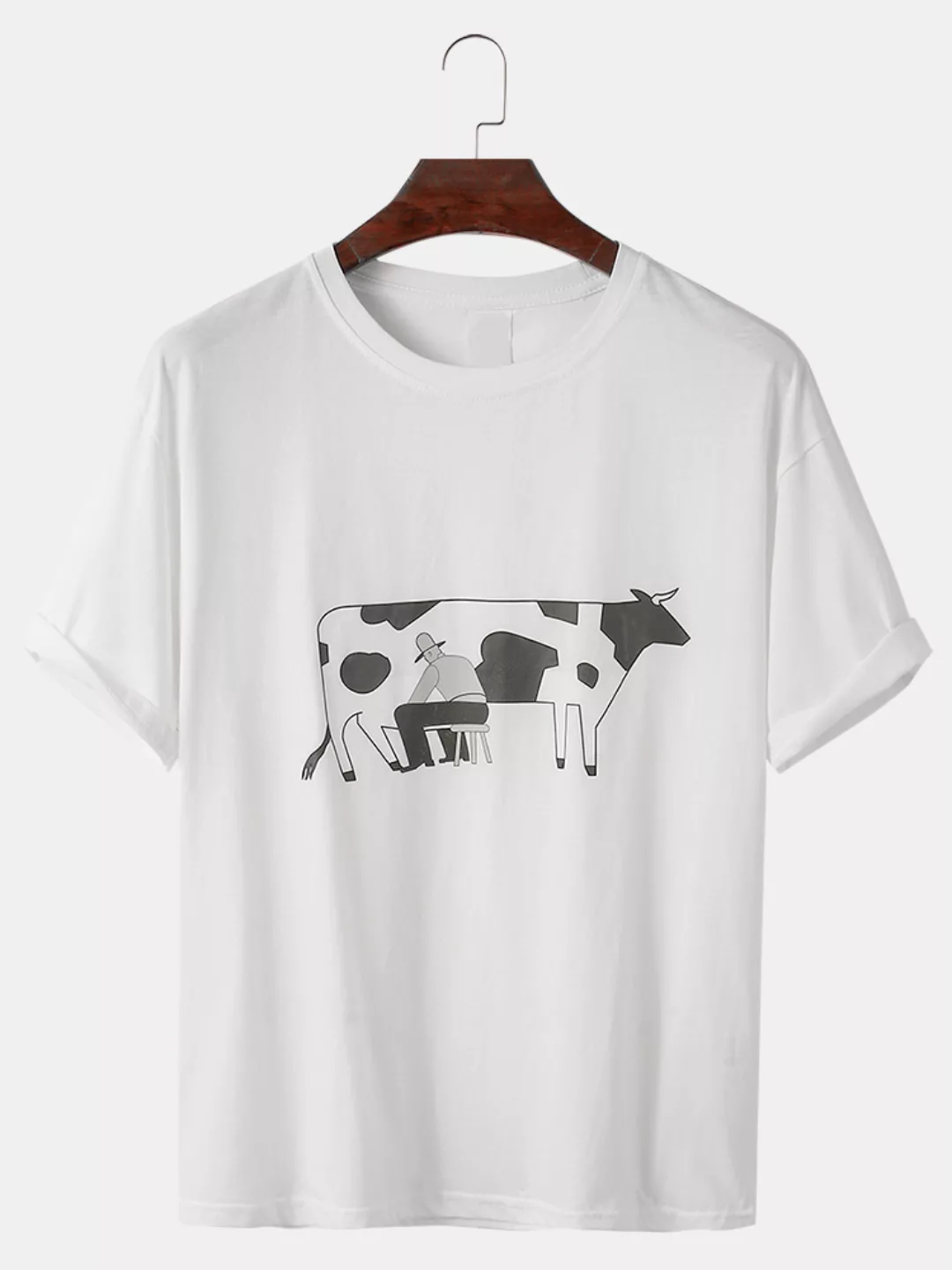 Mens Melkmuster Druck Baumwolle Plain Loose Casual Rundhals-T-Shirts günstig online kaufen