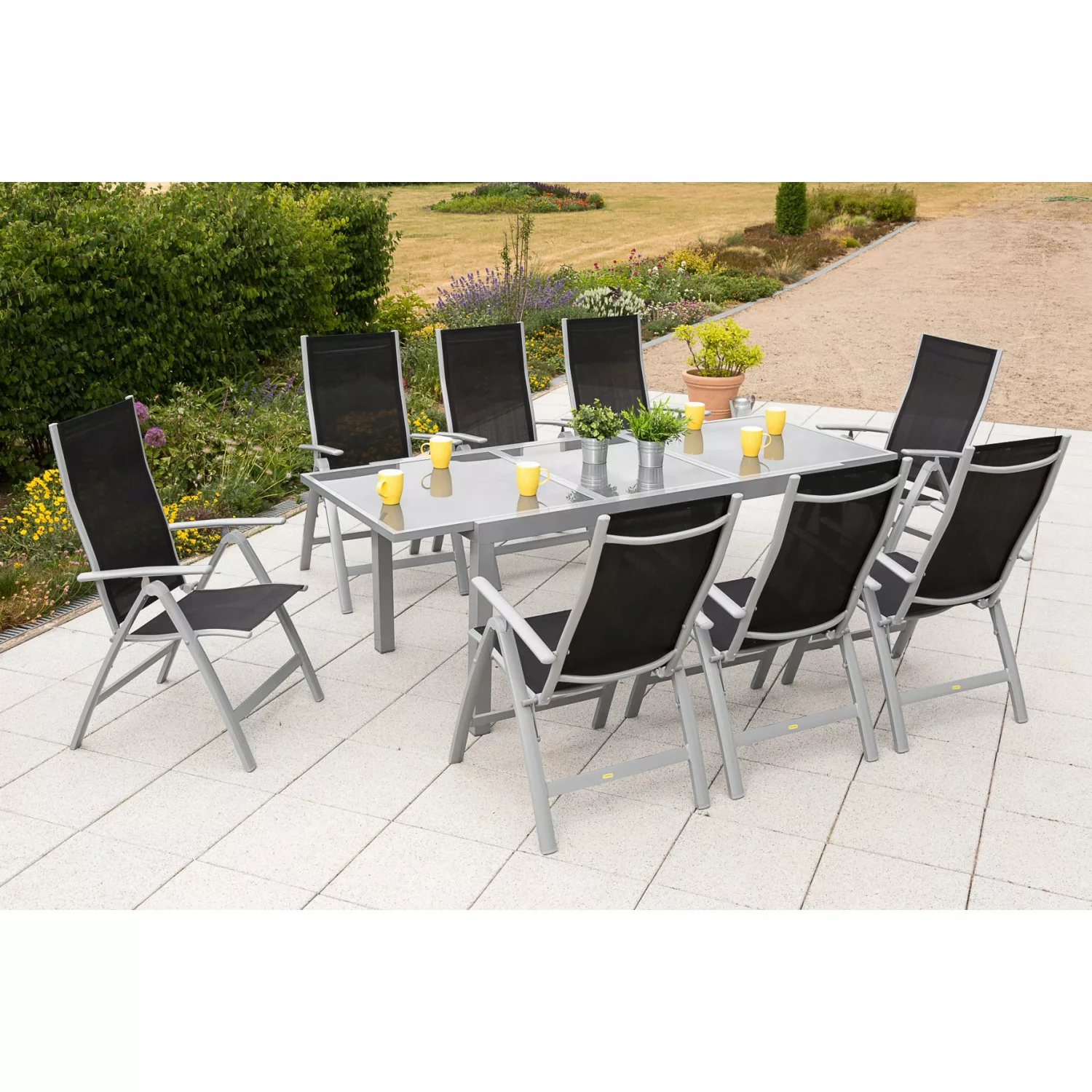 Merxx Gartenmöbel-Set Carrara 9-tlg. Schwarz inkl. Tisch 160/220 cm x 90 cm günstig online kaufen