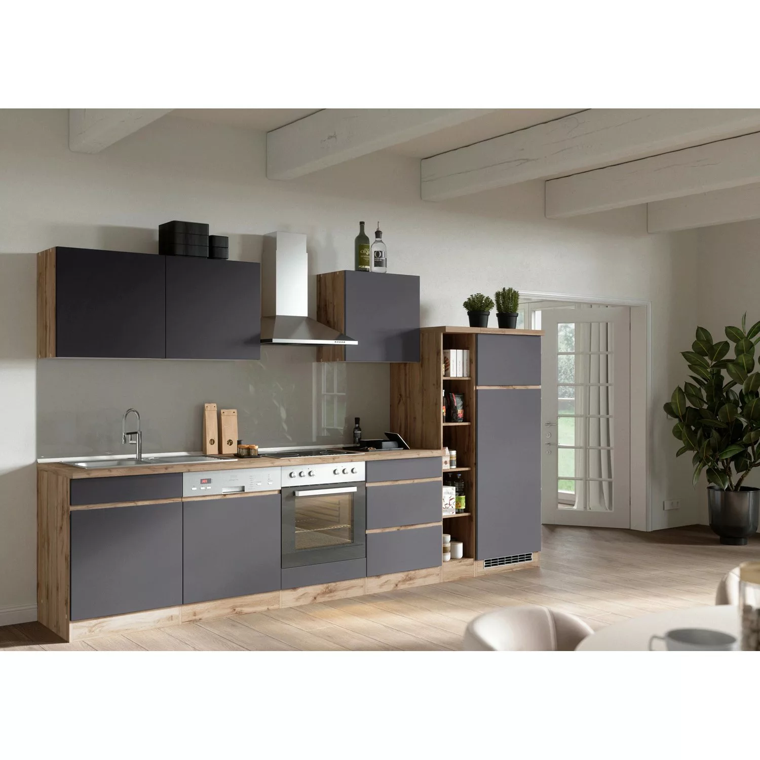 Held Möbel Küchenzeile Turin 330 cm Graphit-Wotaneiche ohne E-Geräte günstig online kaufen