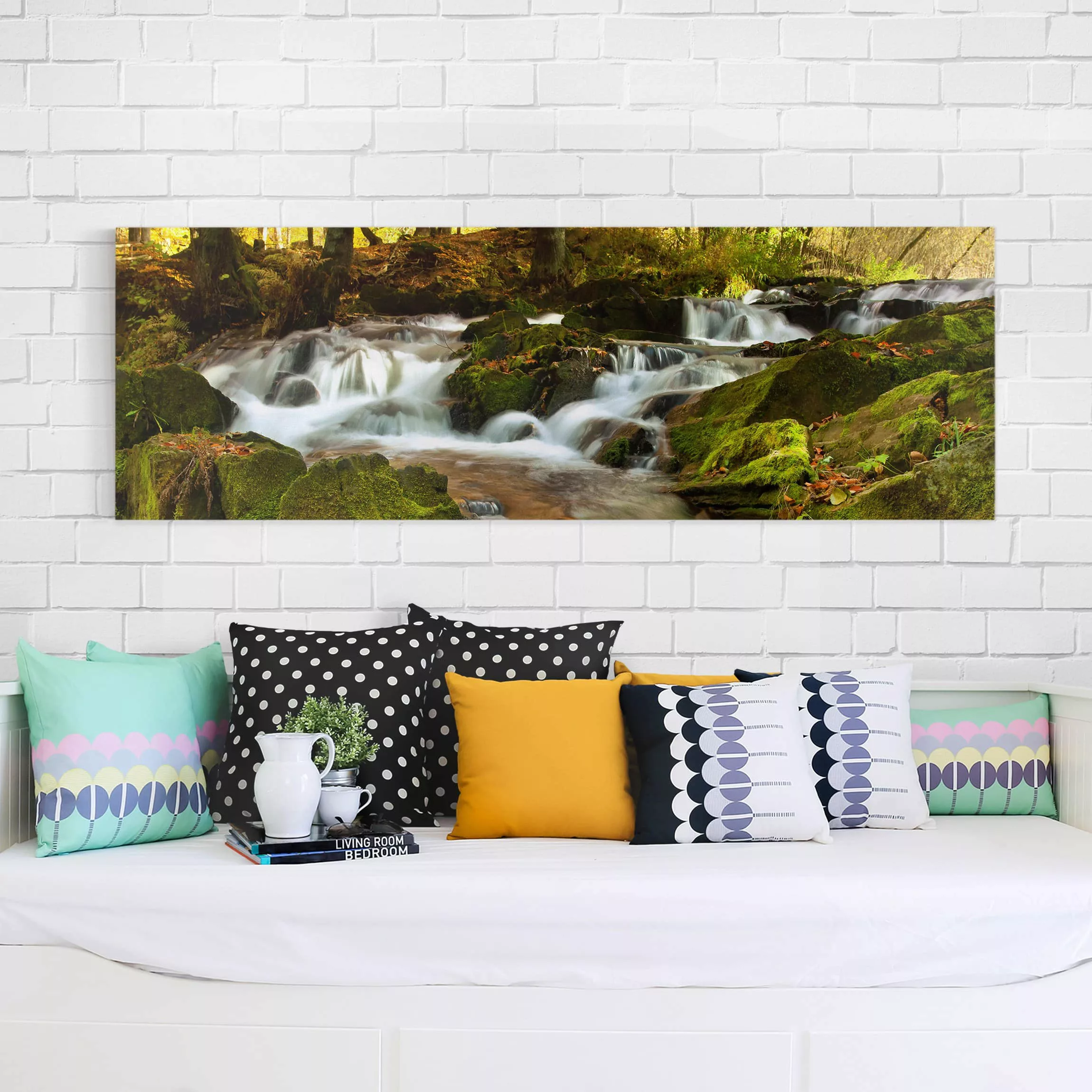 Leinwandbild Wasserfall - Panorama Wasserfall herbstlicher Wald günstig online kaufen