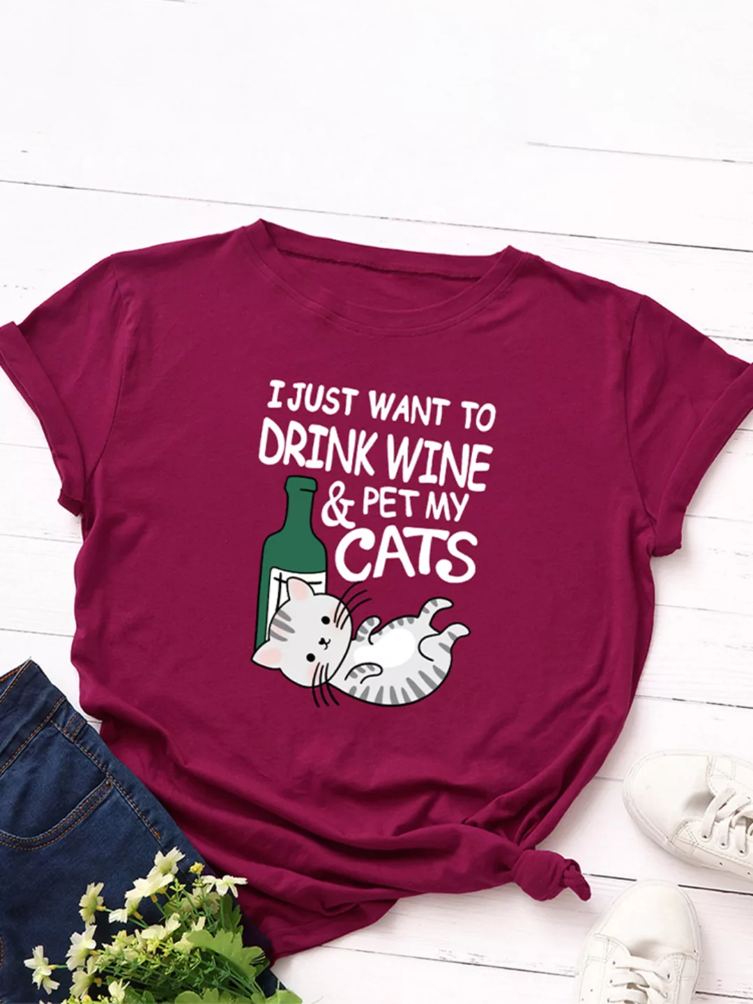 Cartoon Katze Buchstaben Gedrucktes Kurzarm-T-Shirt mit O-Ausschnitt für Da günstig online kaufen