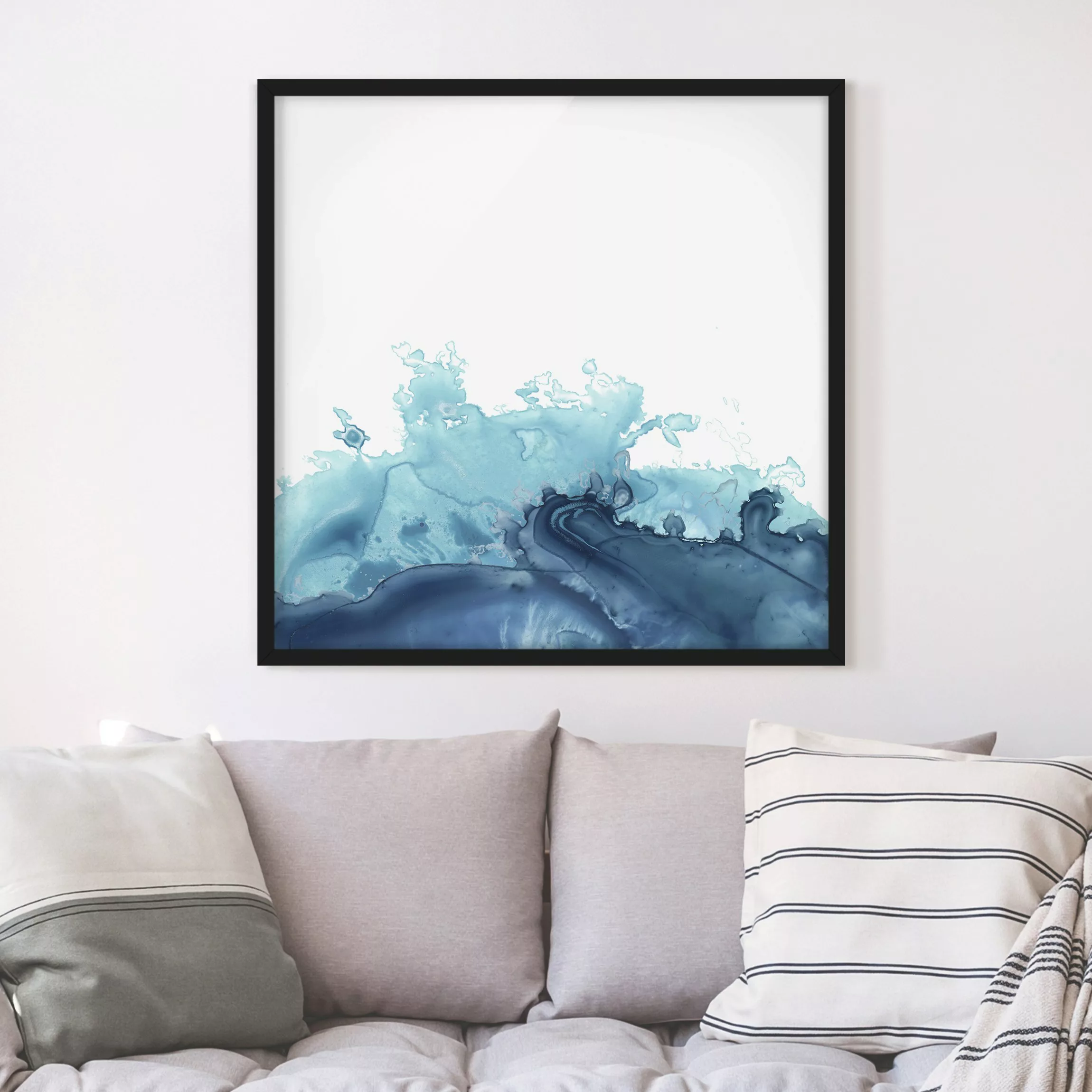 Bild mit Rahmen Abstrakt - Quadrat Welle Aquarell Blau I günstig online kaufen