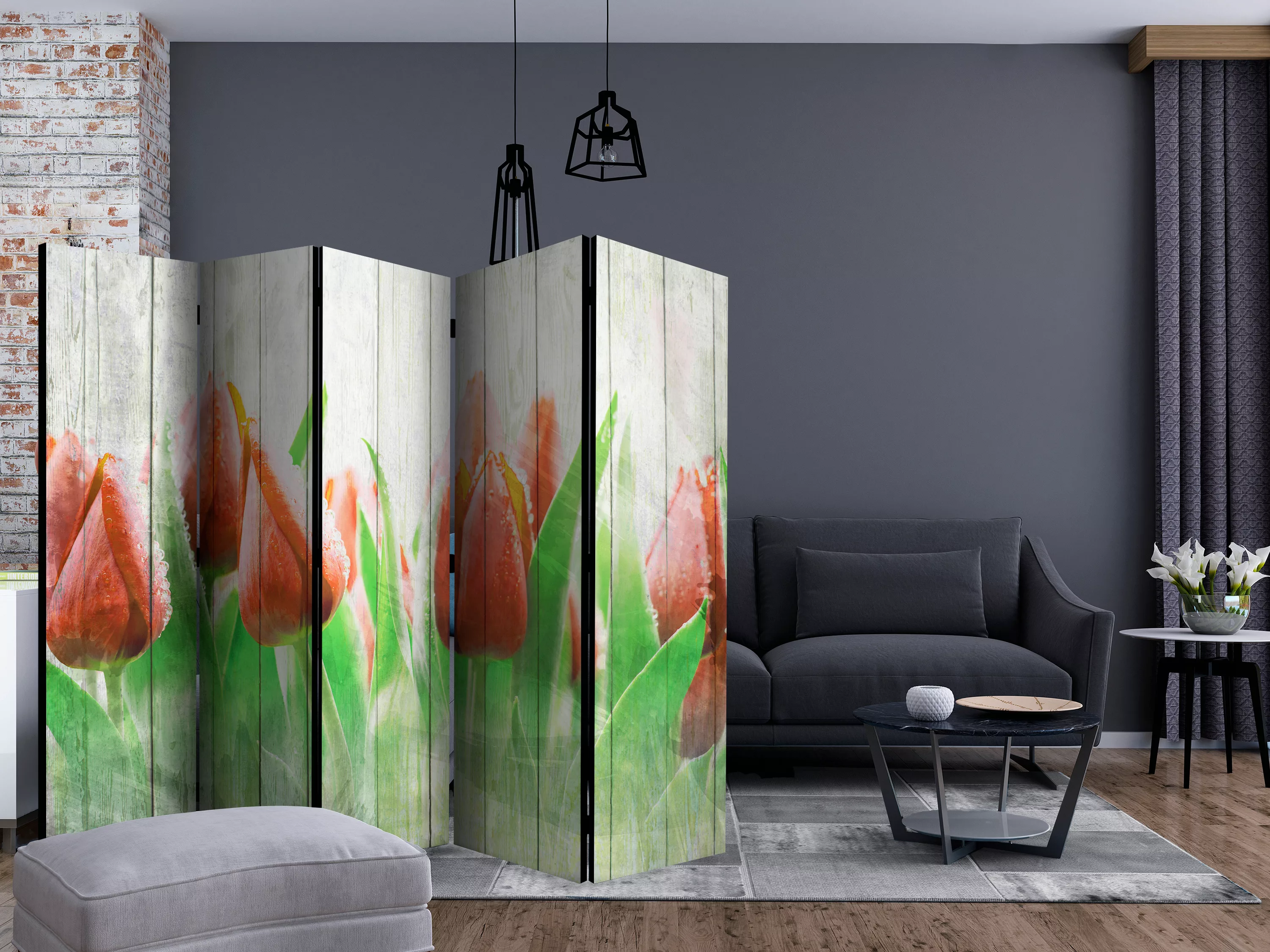 5-teiliges Paravent - Red Tulips On Wood Ii [room Dividers] günstig online kaufen