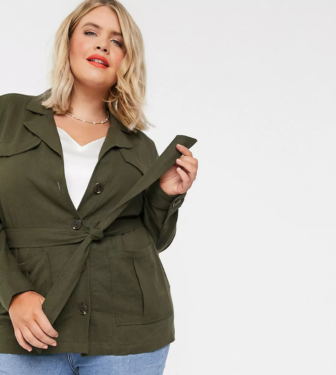 Simply Be – Utility-Jacke mit Gürtel in Khaki-Grün günstig online kaufen