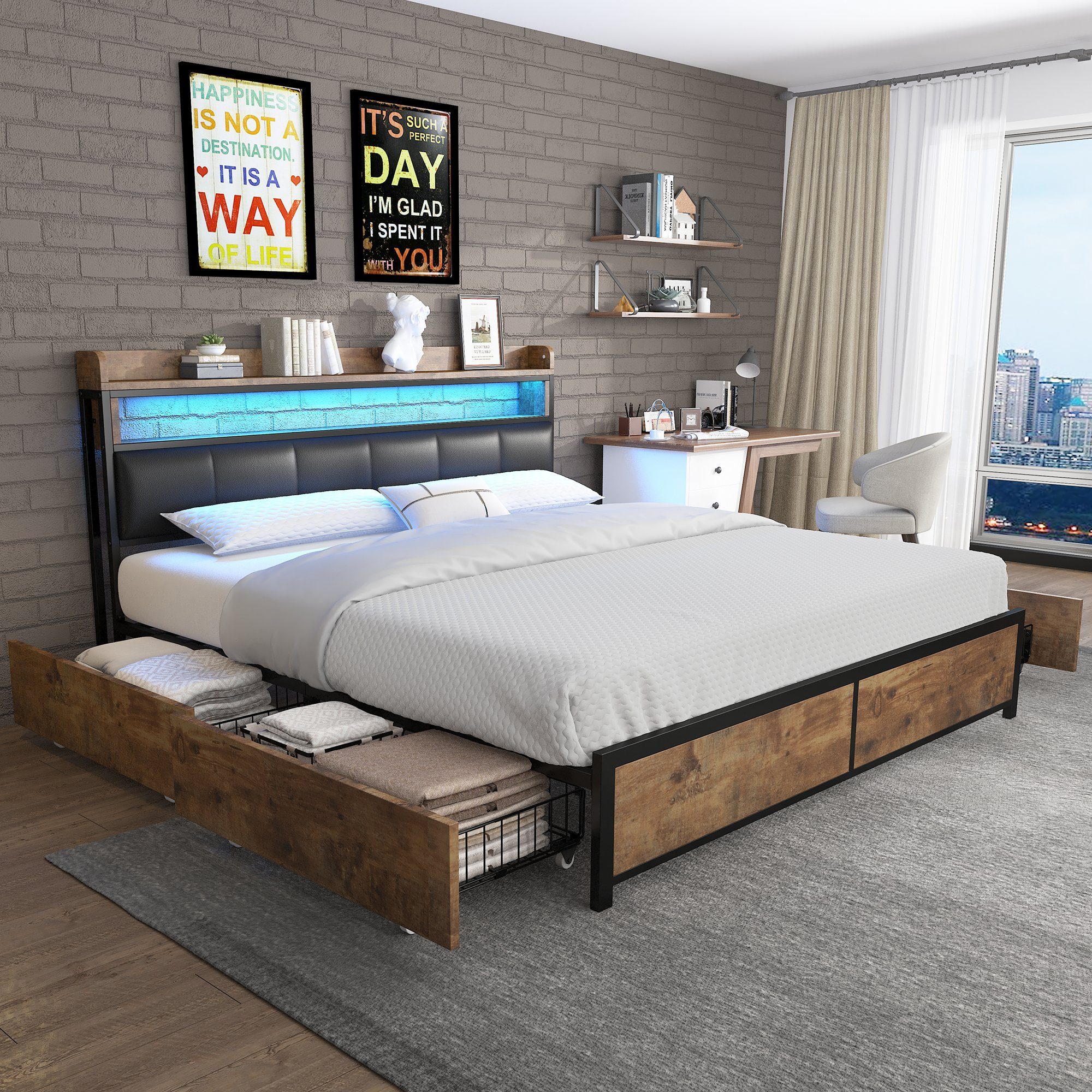 Flieks Holzbett, LED Beleuchtung Doppelbett 4 günstig online kaufen