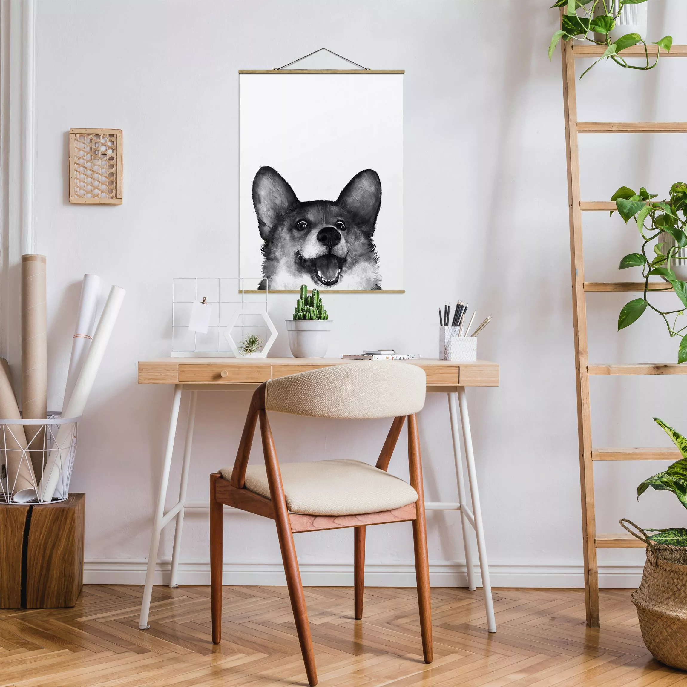 Stoffbild Tiere mit Posterleisten - Hochformat Illustration Hund Corgi Weiß günstig online kaufen