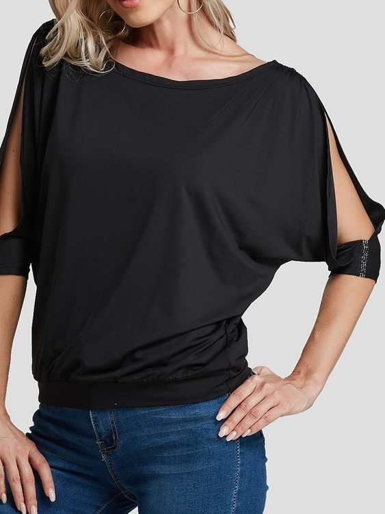 Schwarzes T-Shirt mit Rundhalsausschnitt und halben Ärmeln günstig online kaufen