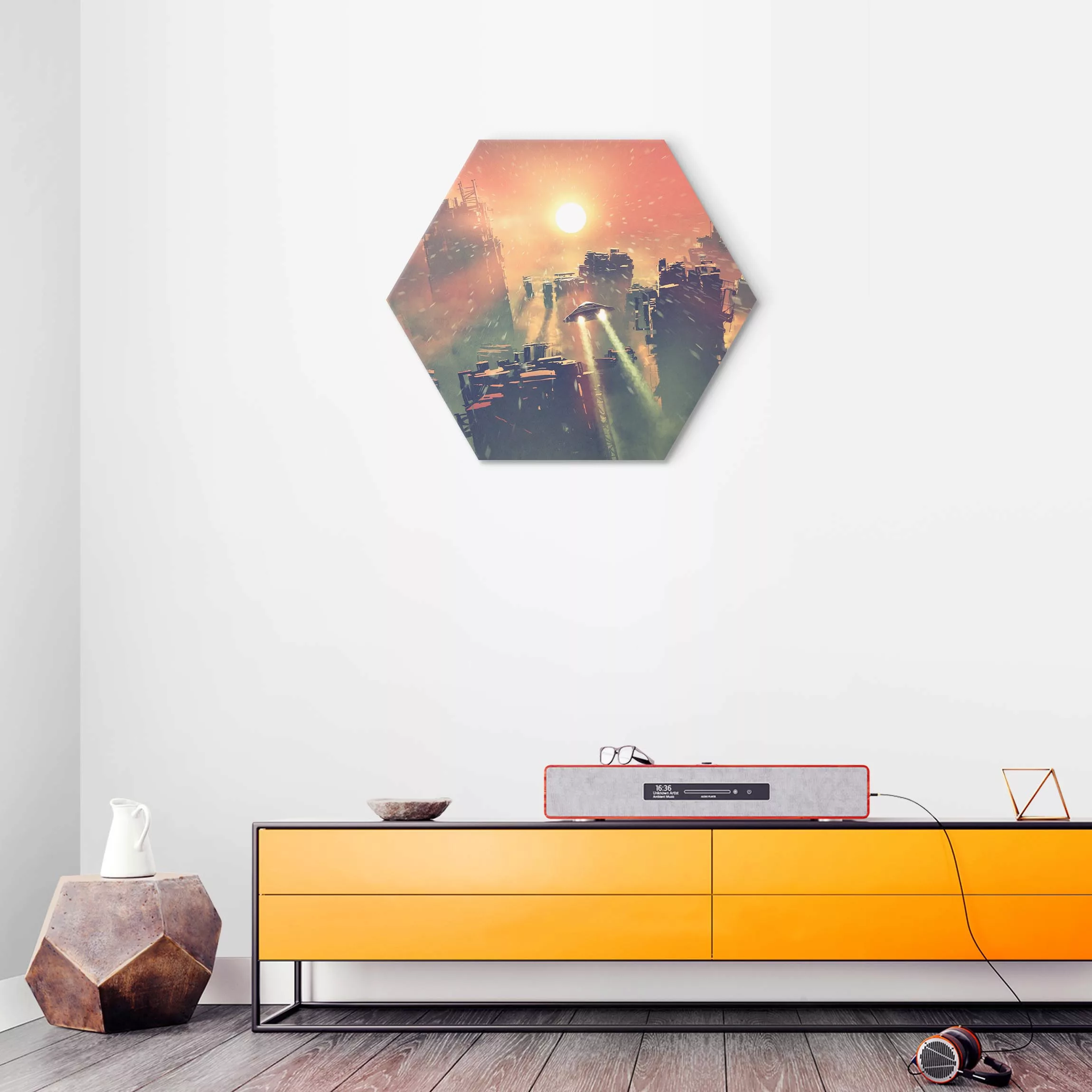 Hexagon-Alu-Dibond Bild Sci-Fi Raumschiffe im Sonnenaufgang günstig online kaufen