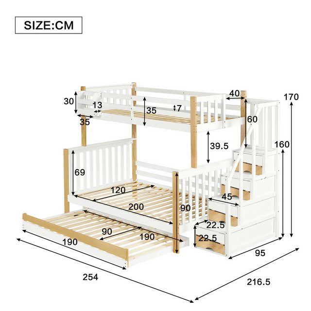 Flieks Etagenbett, Kinderbett 90x200cm+120x200cm mit Ausziehbett 90x190cm S günstig online kaufen