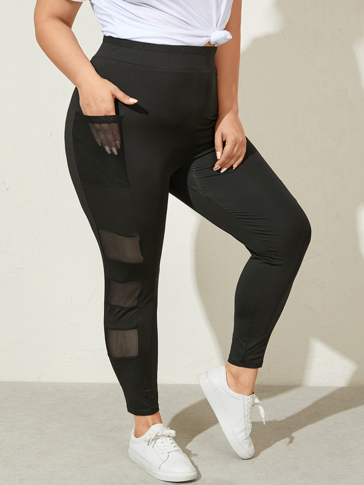 YOINS Plus Größe Mesh Patchwork Pocket Design Leggings günstig online kaufen