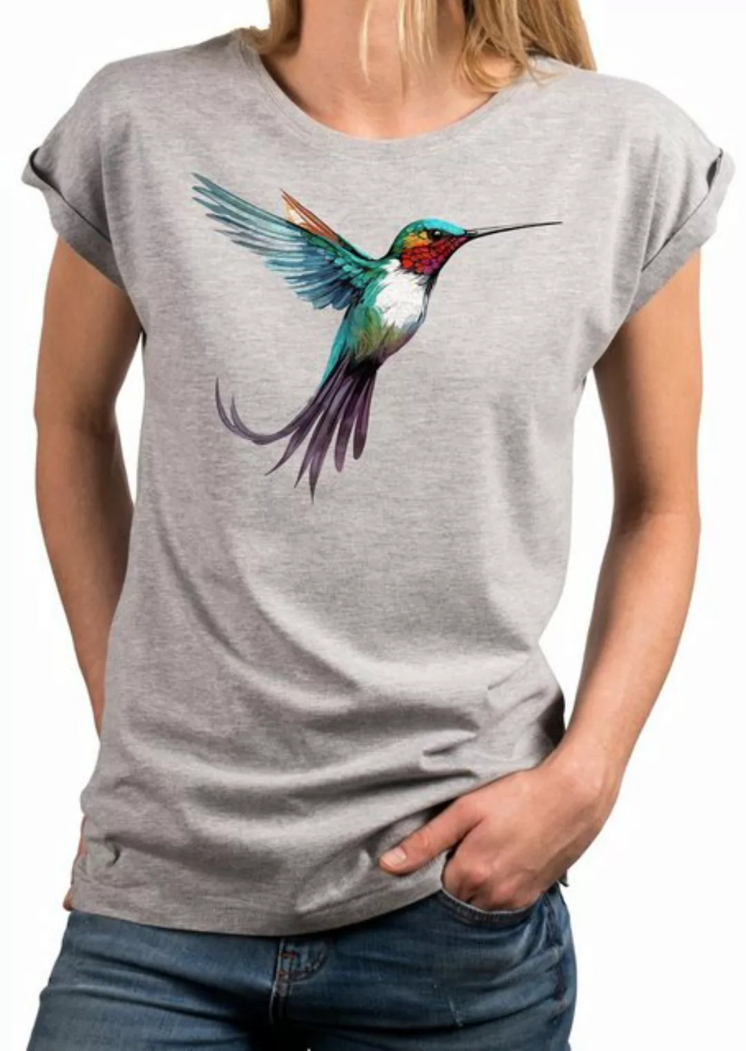 MAKAYA Print-Shirt Damen Kolibri Motiv Sommer Top Druck Vogel Kurzarmshirt günstig online kaufen