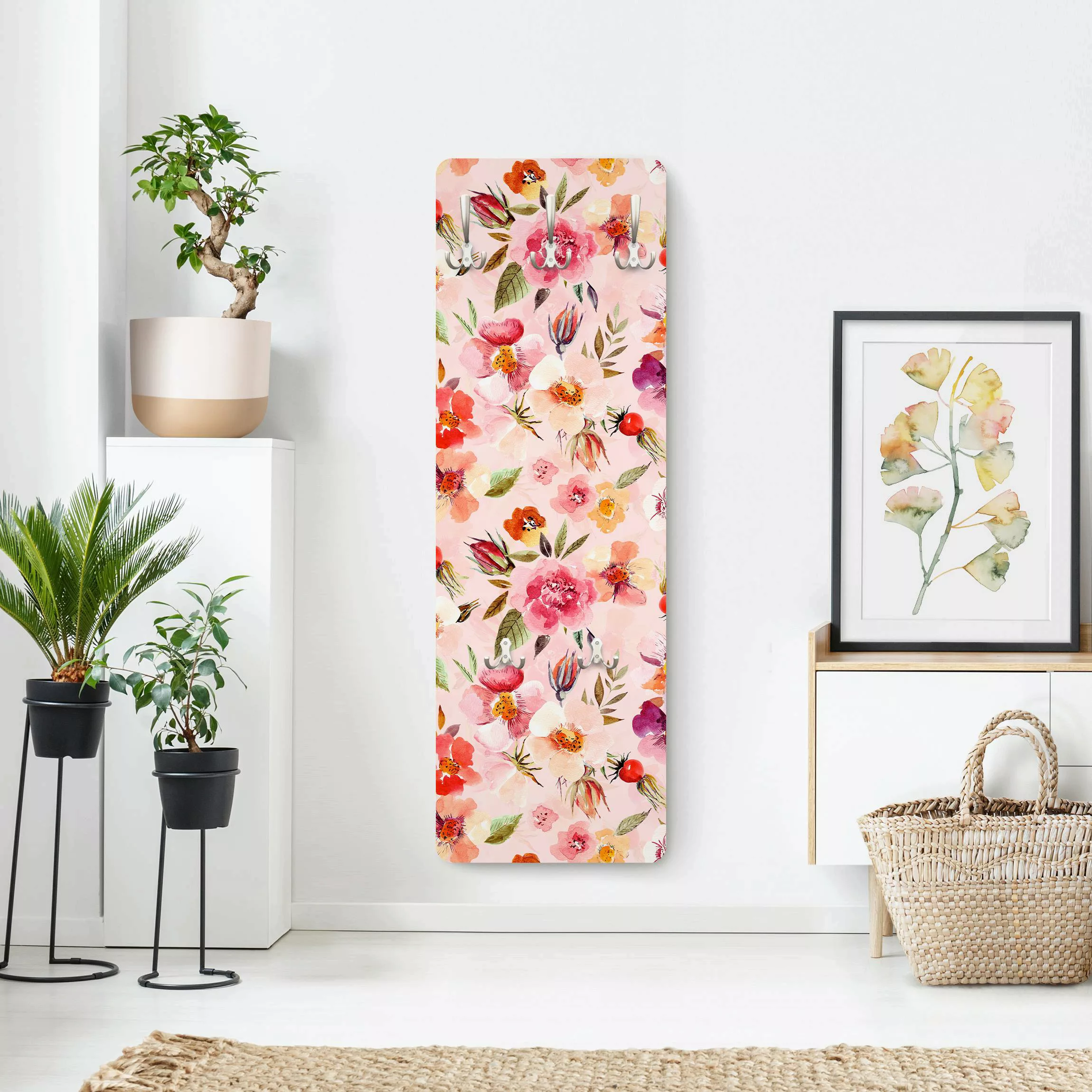 Wandgarderobe Aquarellierte Blumen auf Rosa günstig online kaufen