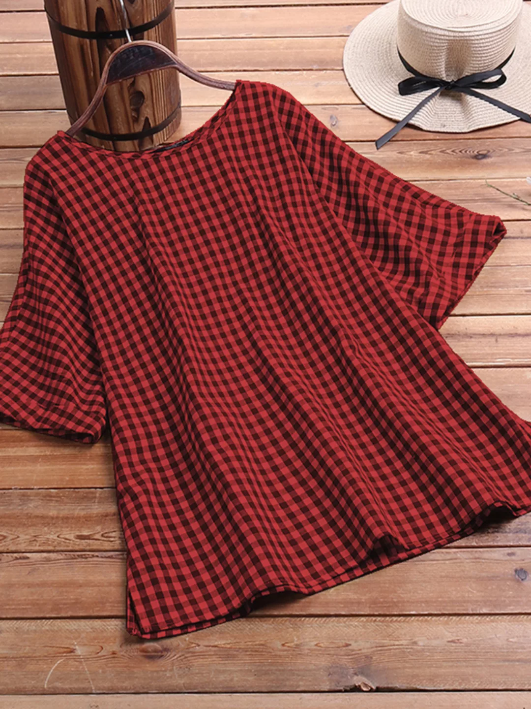 Plaid Casual Rundhalsausschnitt Plus Größe T-Shirt für Damen günstig online kaufen