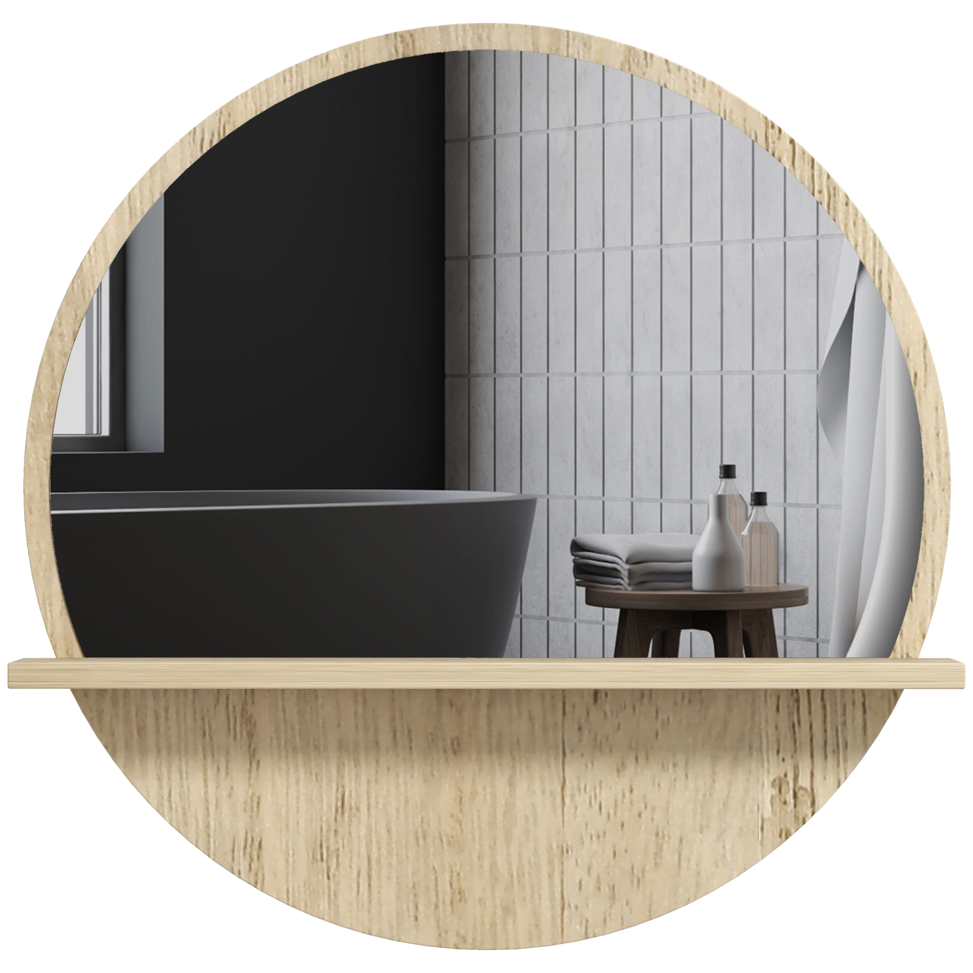 kleankin Runder Wand-Badezimmerspiegel mit Regal - Ø 45 x 10H cm - naturhol günstig online kaufen