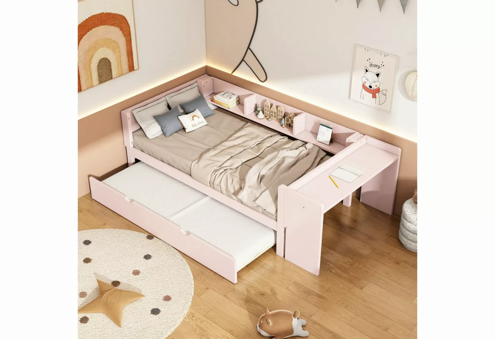Gotagee Kinderbett Flachbett 90x200cm Einzelbett mit Ausziehbett Schreibtis günstig online kaufen