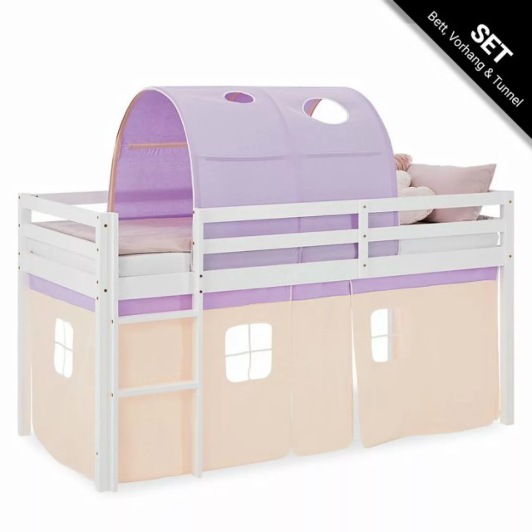 Homestyle4u Hochbett 90x200 cm Kinderbett Tunnel Vorhang Lila Peach Leiter günstig online kaufen