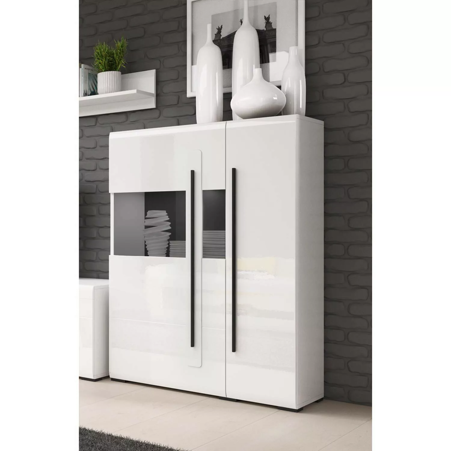 Lomadox Highboard Vitrine weiß Hochglanz TURDA-83 modern mit Absetzungen in günstig online kaufen