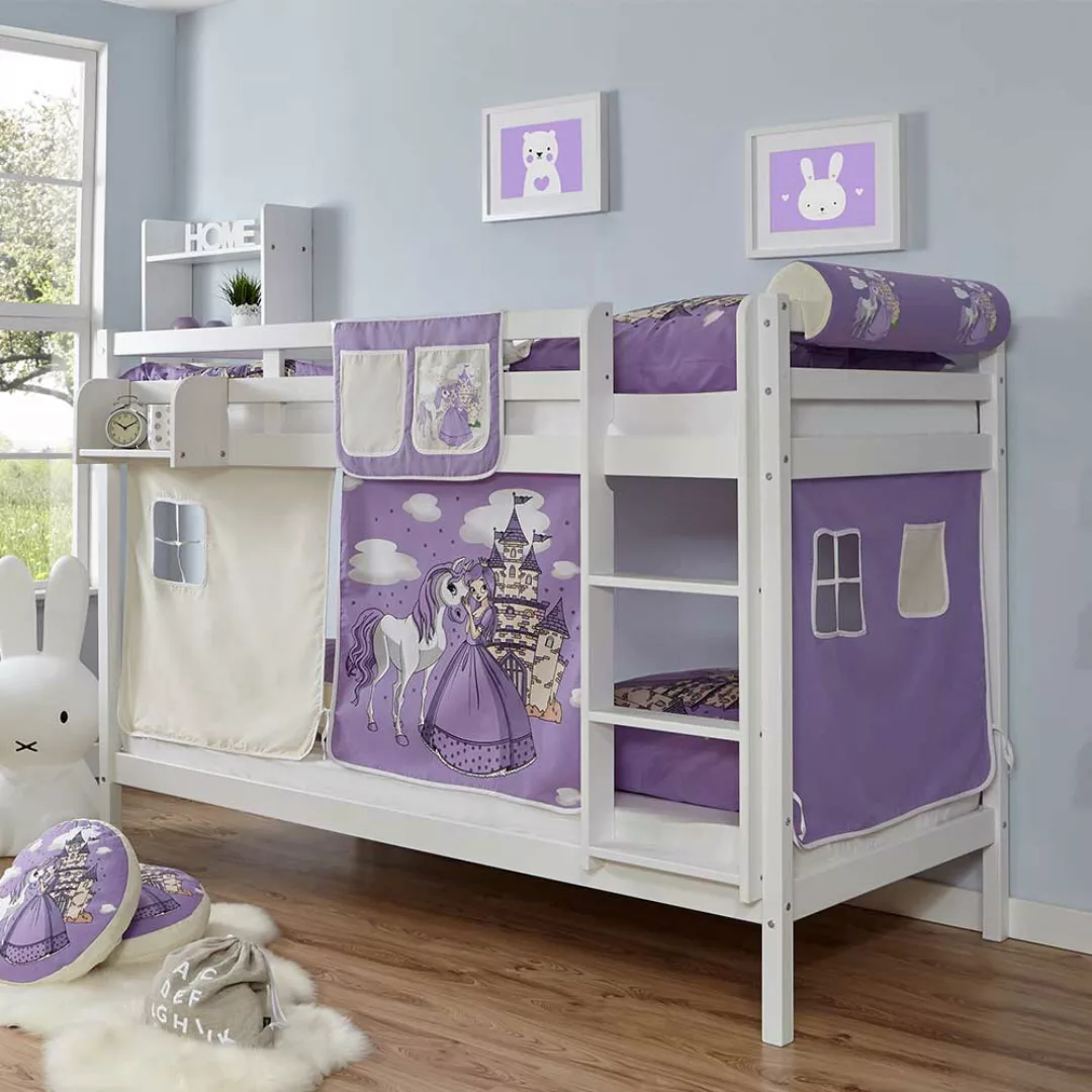 Kinderetagenbett in Weiß Lila und Beige Buche Massivholz und Webstoff günstig online kaufen