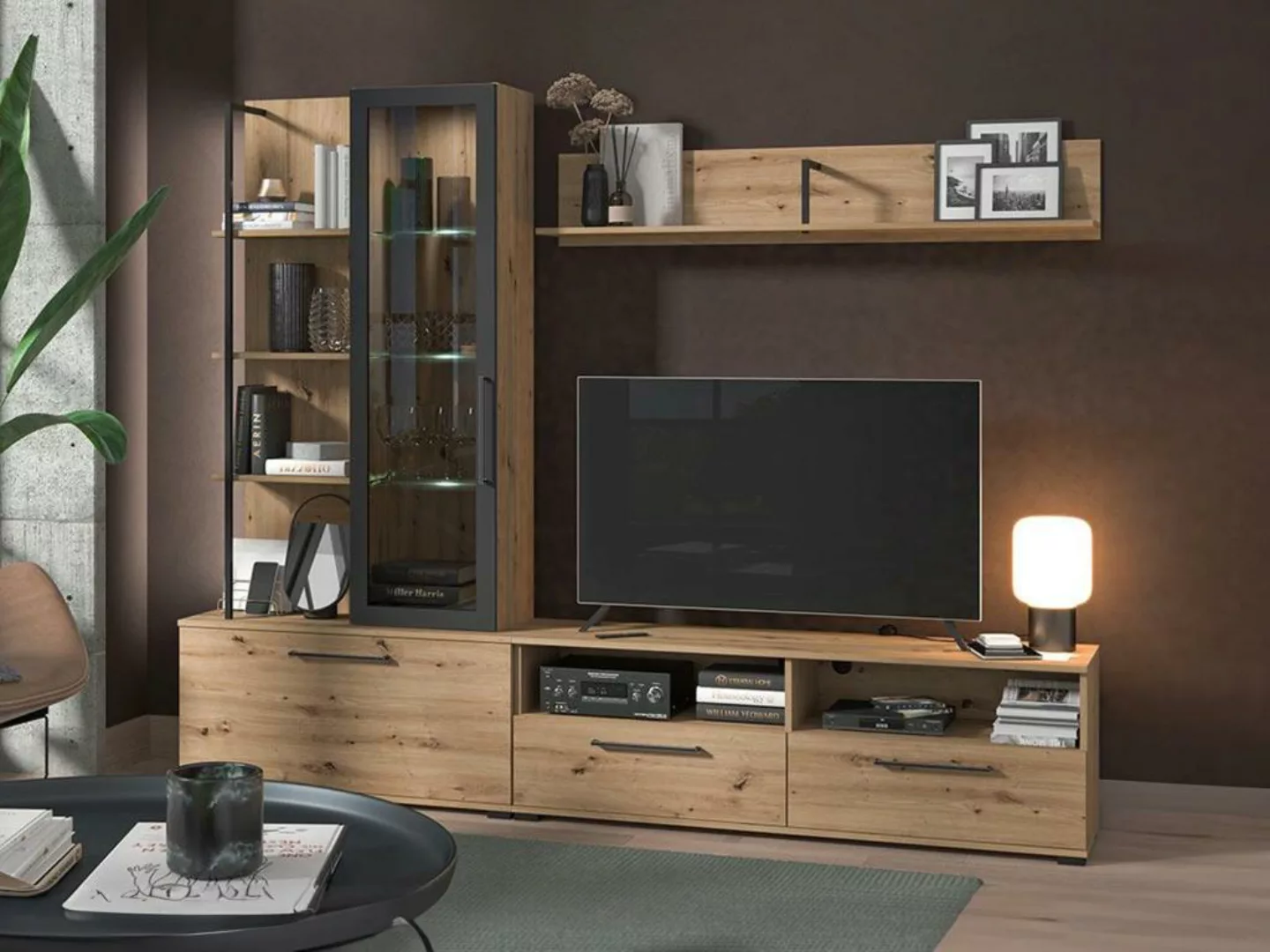 TV-Möbel TV-Wand mit Stauraum - Eichefarben & Schwarz - DUBLIN günstig online kaufen