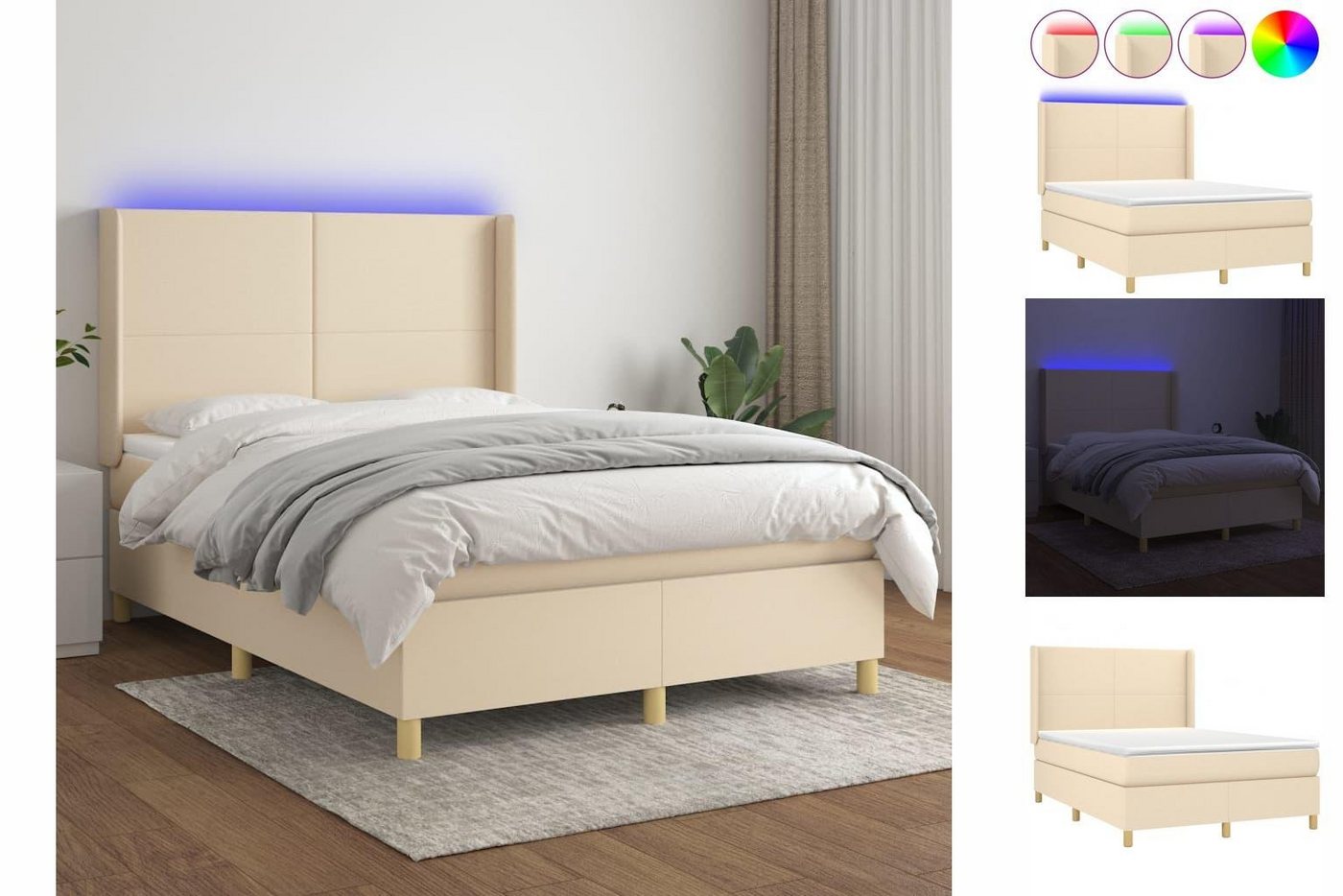 vidaXL Boxspringbett Boxspringbett mit Matratze LED Creme 140x190 cm Stoff günstig online kaufen