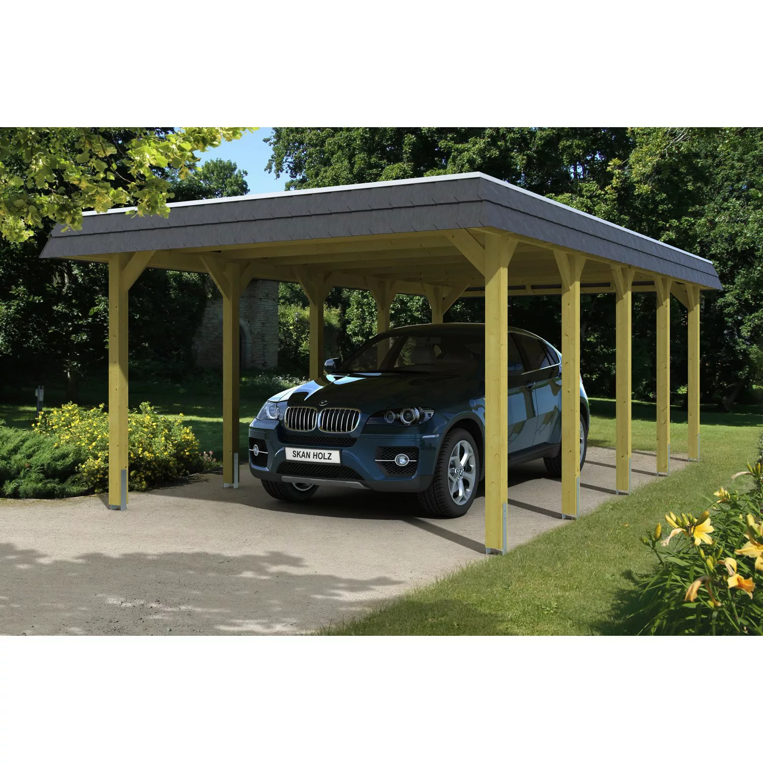 Skan Holz Carport Spreewald 396 cm x 741 cm schwarze Blende günstig online kaufen