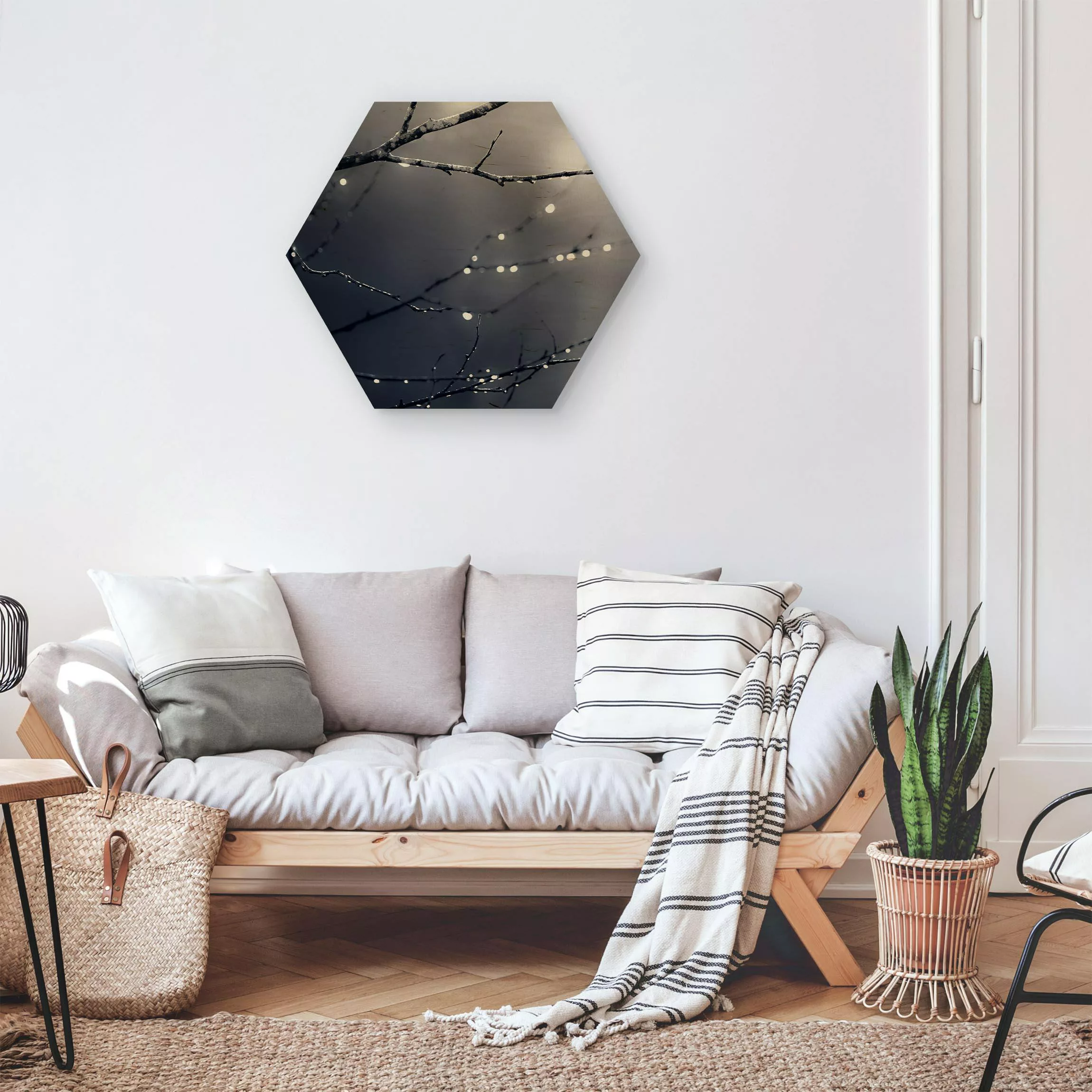 Hexagon-Holzbild Lichttropfen am Birkenzweig günstig online kaufen