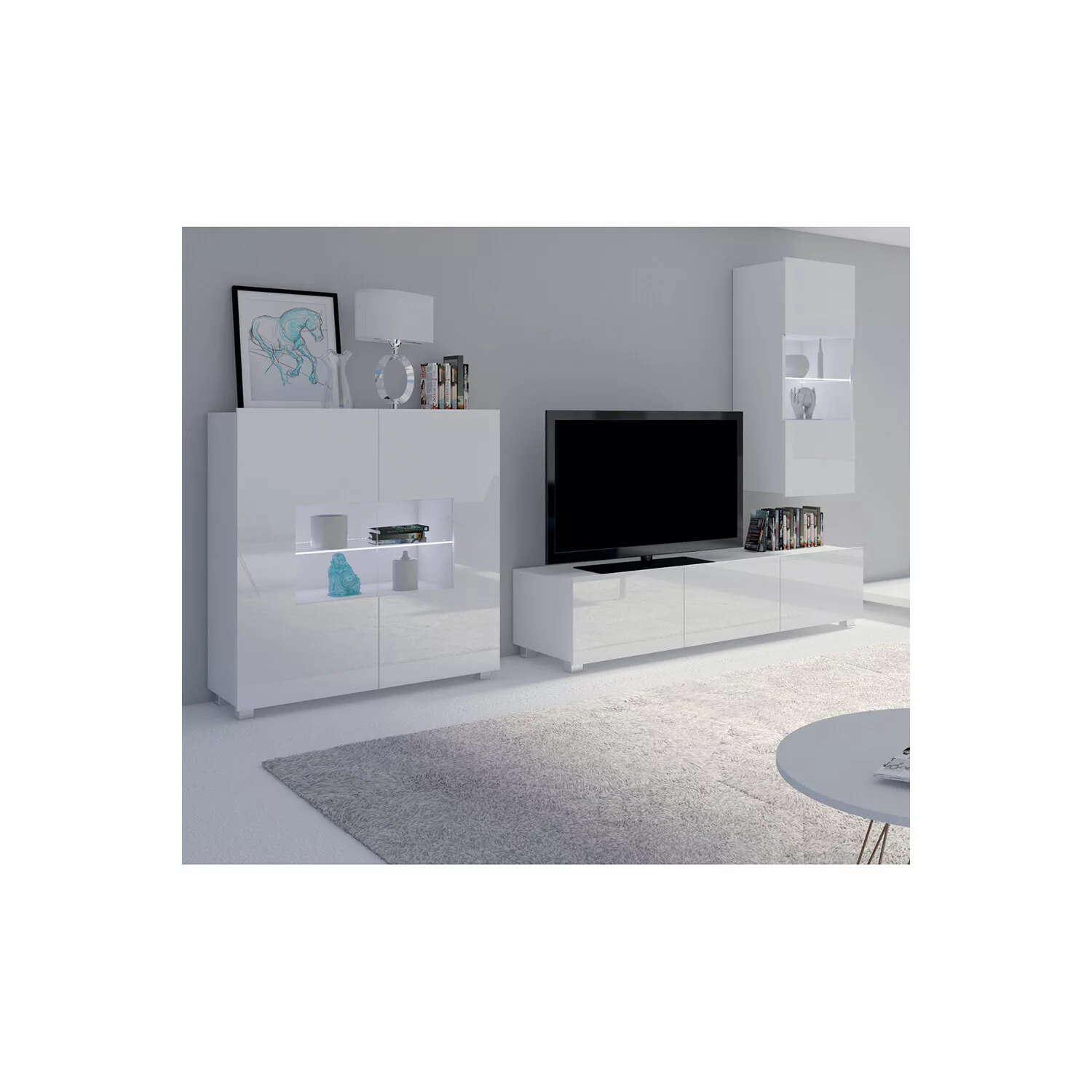 Wohnzimmer Set mit Highboard in weiß Hochglanz mit LED Beleuchtung CAIRNS-1 günstig online kaufen