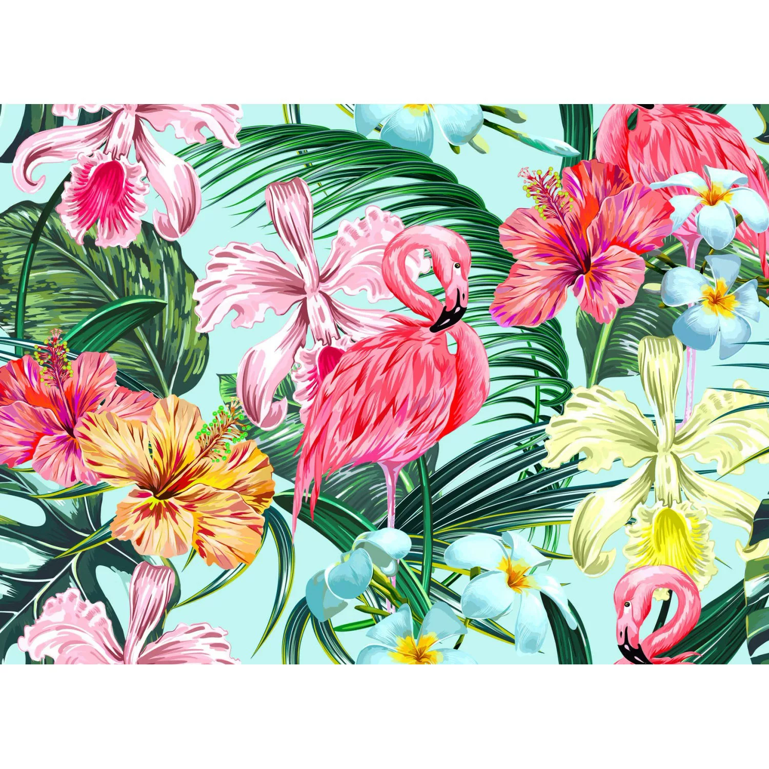 Fototapete Flamingo Blätter Blumen Türkis Rosa 3,50 m x 2,55 m FSC® günstig online kaufen