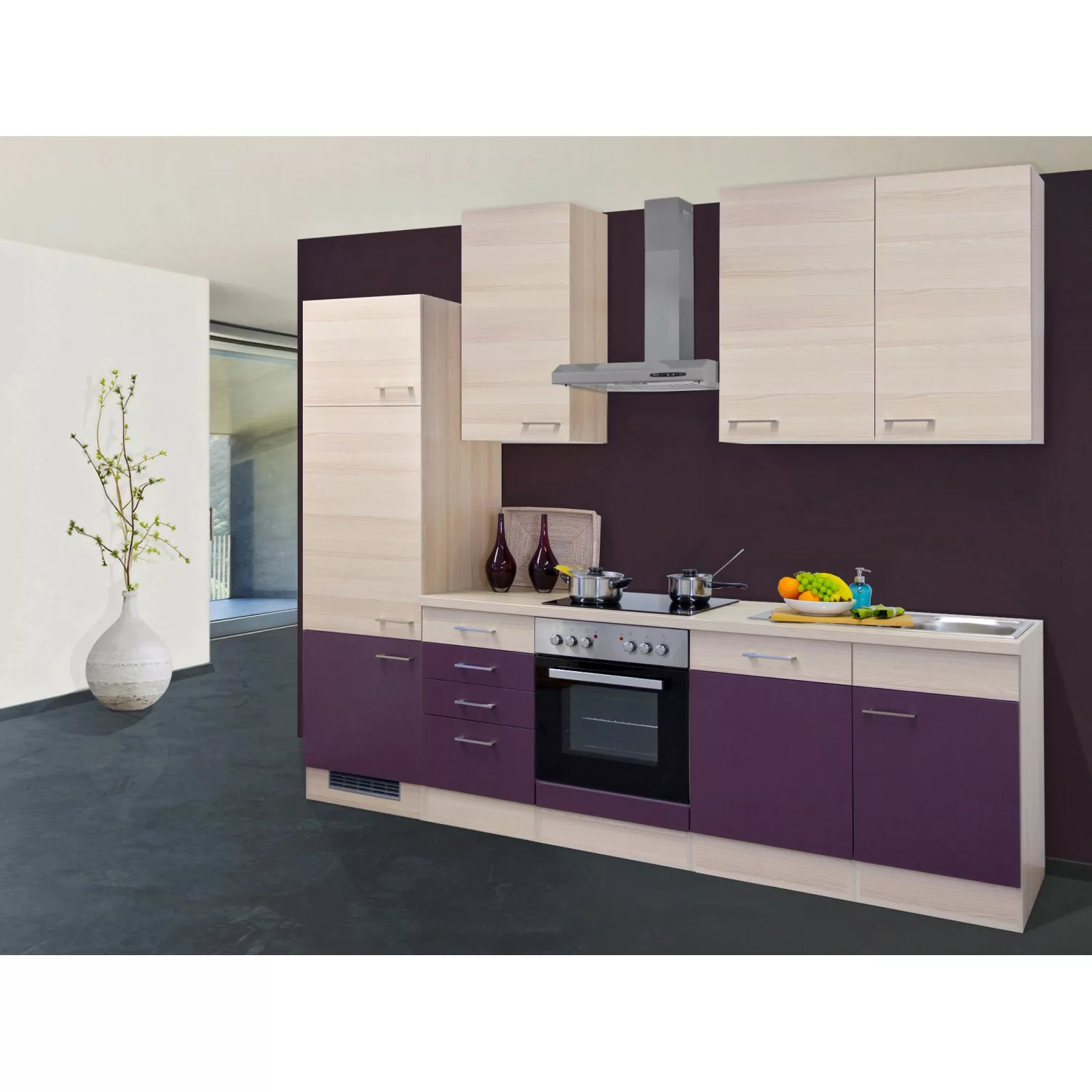 Flex-Well Exclusiv Küchenzeile Focus 280 cm Akazie-Aubergine günstig online kaufen