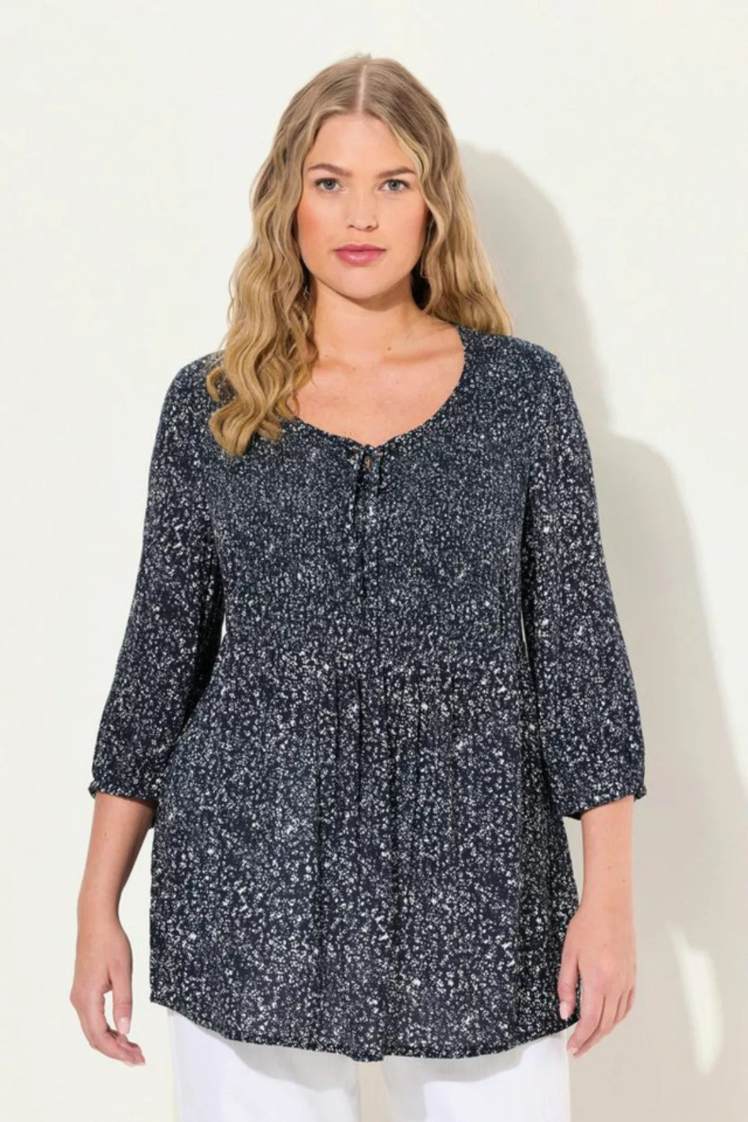 Ulla Popken Druckbluse Smokbluse Punkte A-Linie Rundhals 3/4-Arm günstig online kaufen