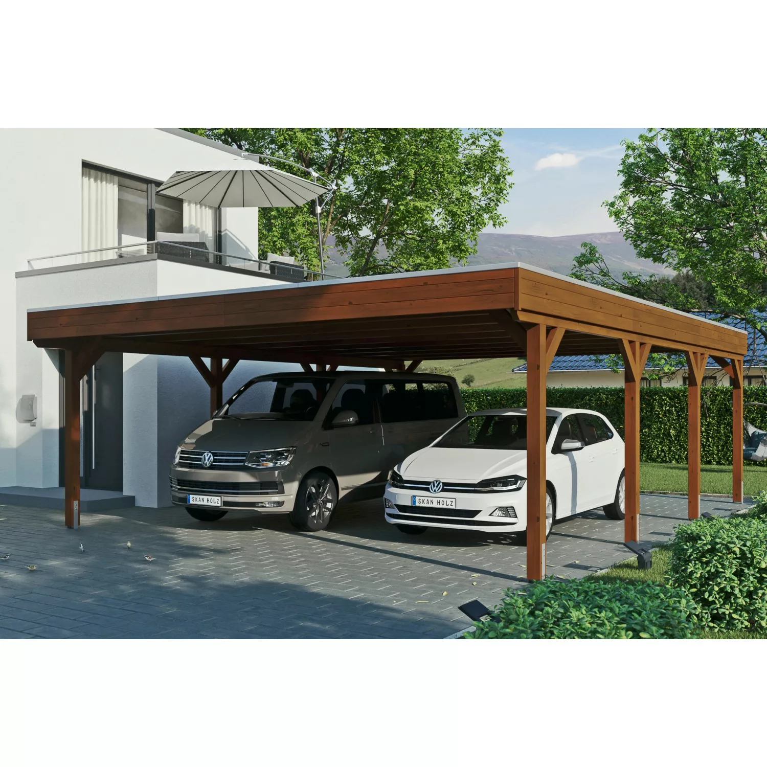 Skan Holz Carport Grunewald 622 cm x 796 cm mit EPDM-Dach Nussbaum günstig online kaufen