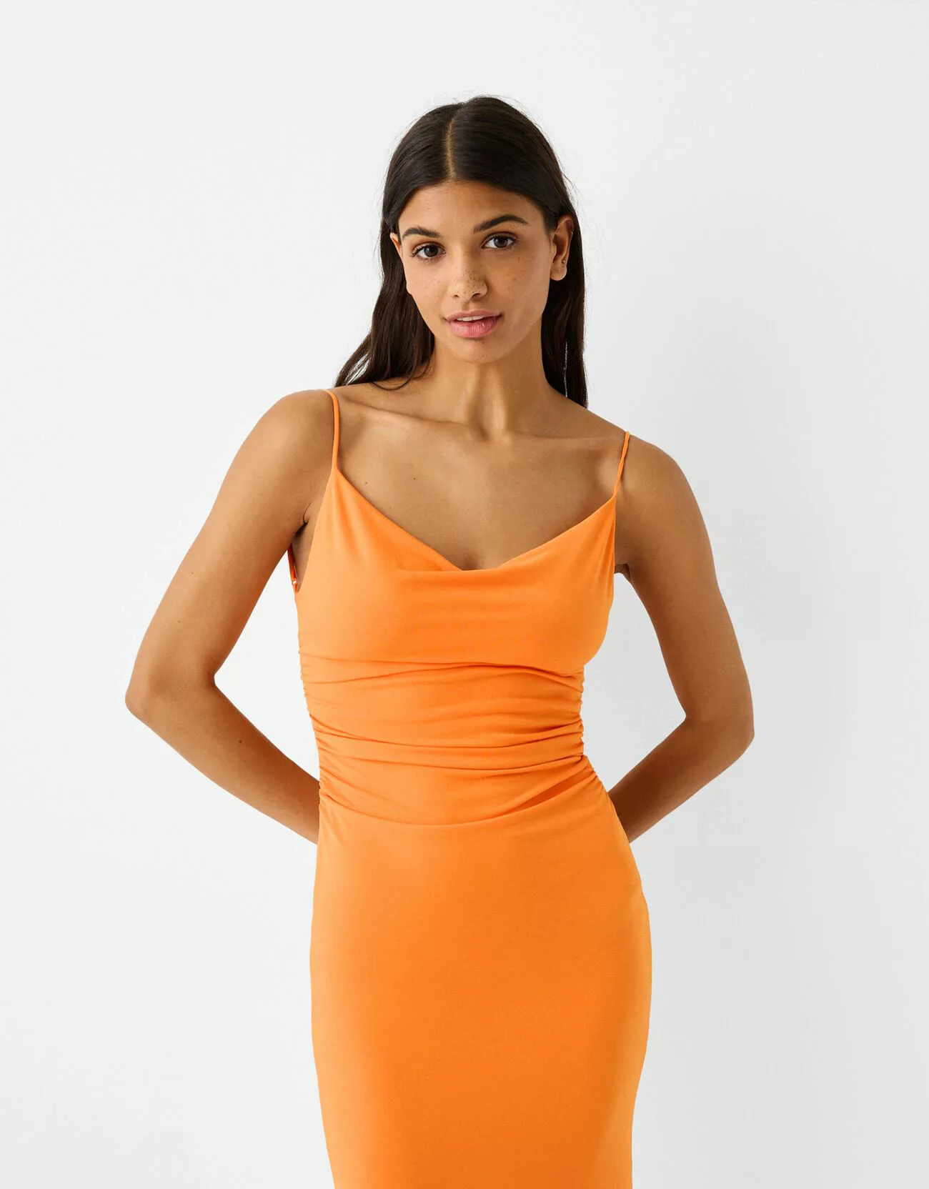 Bershka Drapiertes Maxikleid Mit Trägern Damen Xs Orange günstig online kaufen