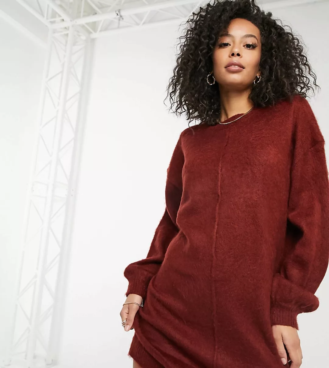 ASOS DESIGN Tall – Strickkleid mit angerautem Garn in Dunkelrot-Grau günstig online kaufen