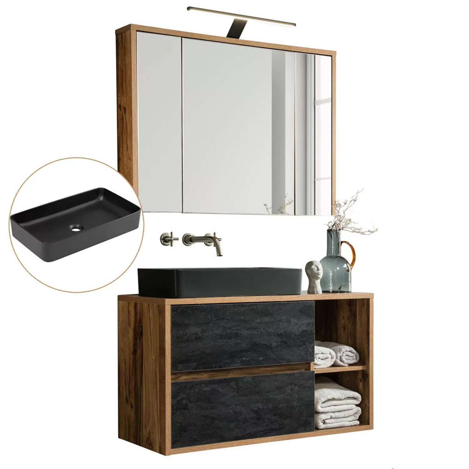 Badmöbel Waschtisch Set mit LED-Spiegelschrank HARLOW Eiche mit Beton Dunke günstig online kaufen