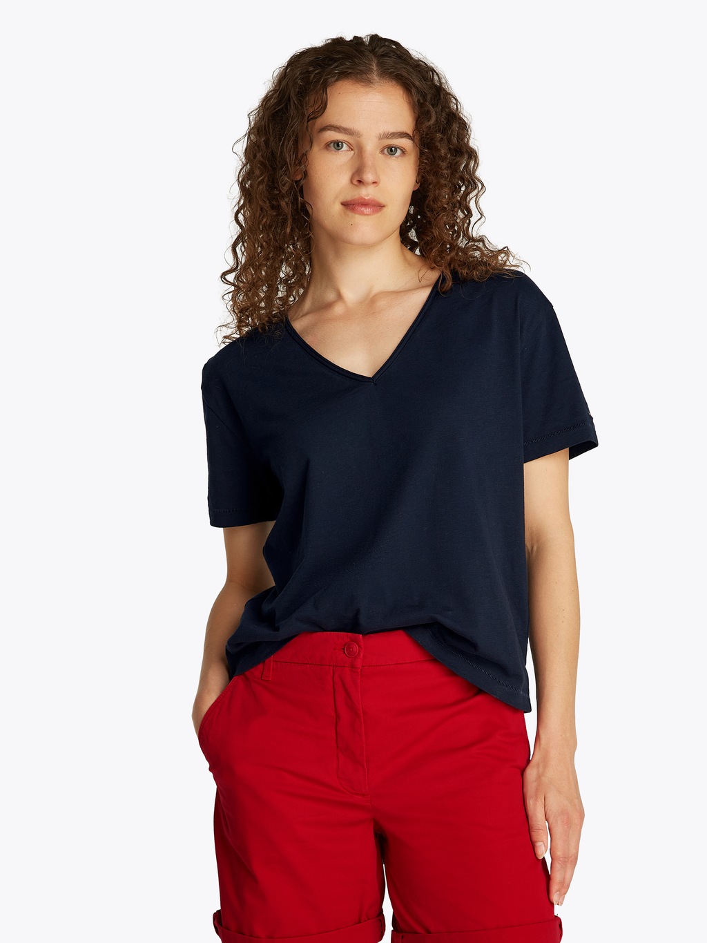 Tommy Hilfiger T-Shirt "SLUB CROP V-NK SS", mit offener Kante, mit Logostic günstig online kaufen