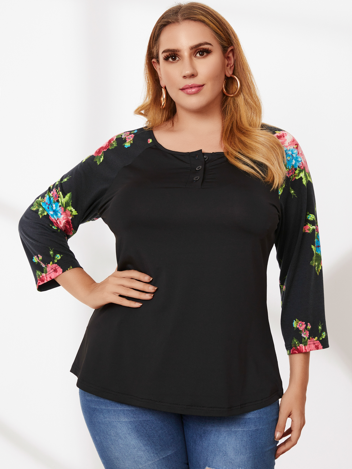 Plus Size Rundhalsausschnitt Patchwork Blumendruck 3/4 Länge Ärmel T-Shirt günstig online kaufen