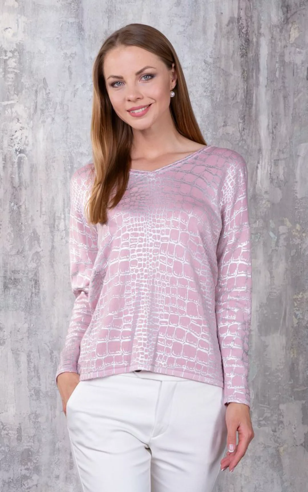 Passioni Strickpullover Pullover mit V-Ausschnitt in Pink mit Schlangenmust günstig online kaufen