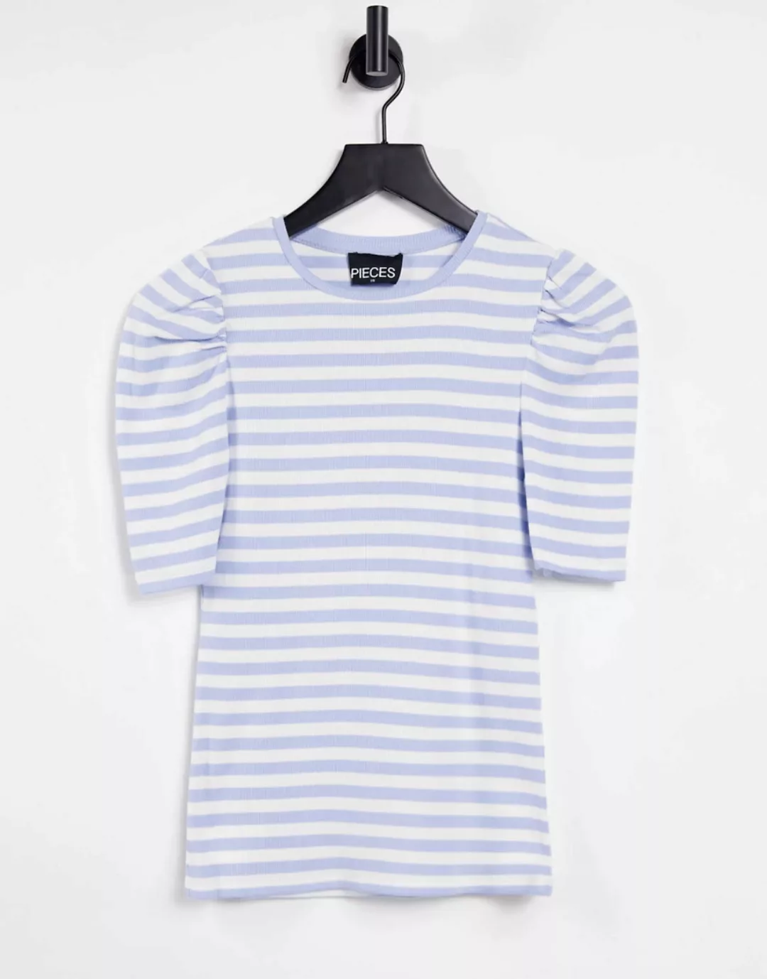 Pieces – Blau gestreiftes T-Shirt mit Puffärmeln-Mehrfarbig günstig online kaufen