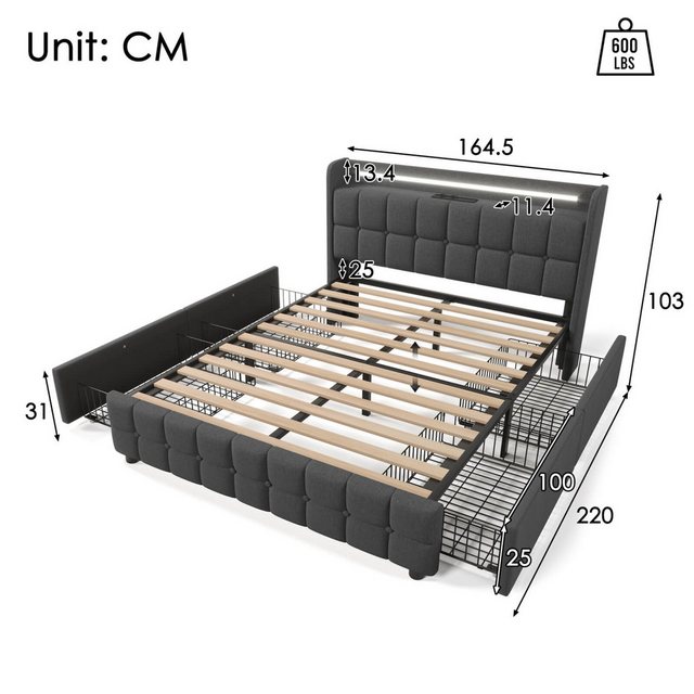 Furnishings Home Polsterbett Bett mit 4 Schubladen und LED-Licht und USB-An günstig online kaufen